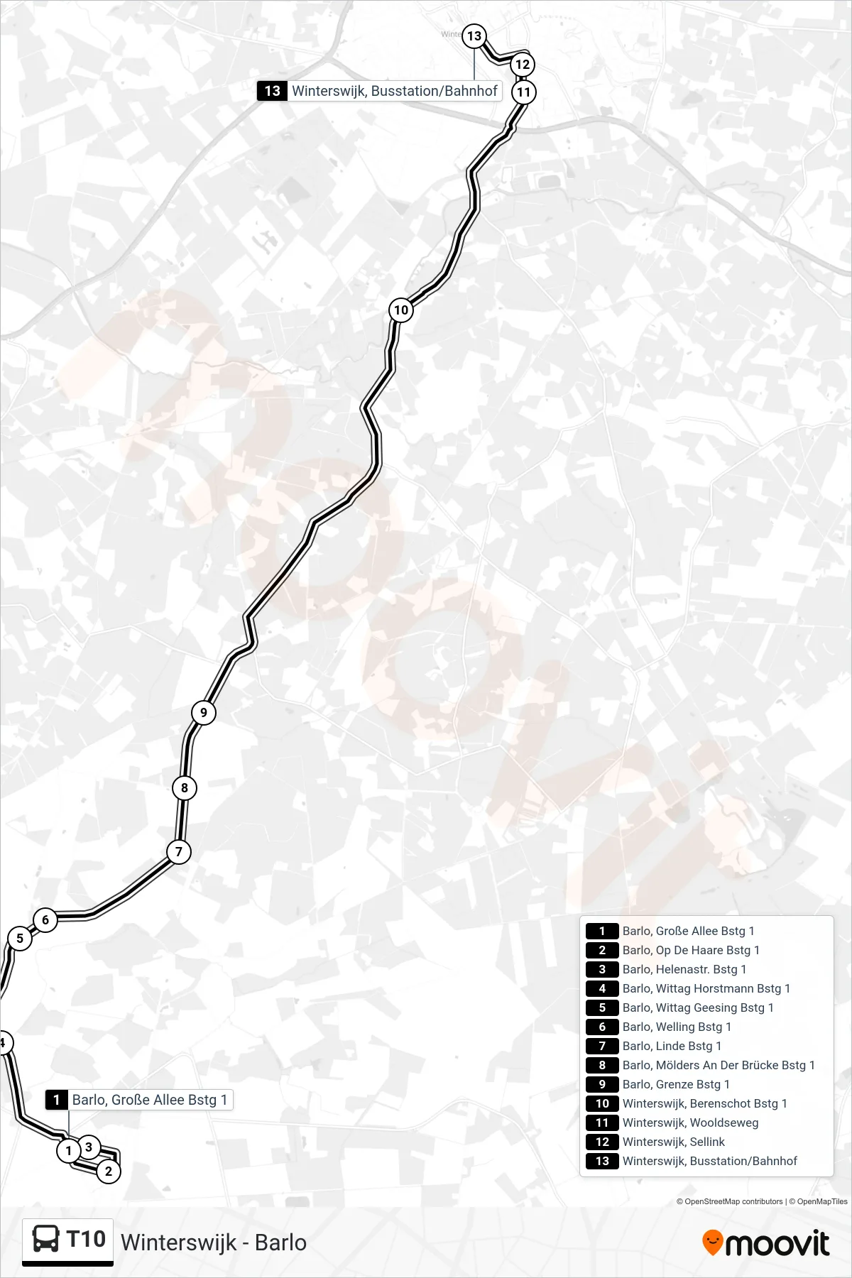 Linie T10 (Bus) Richtung Winterswijk, Busstation/Bahnhof: Route und Haltestellen auf der Karte