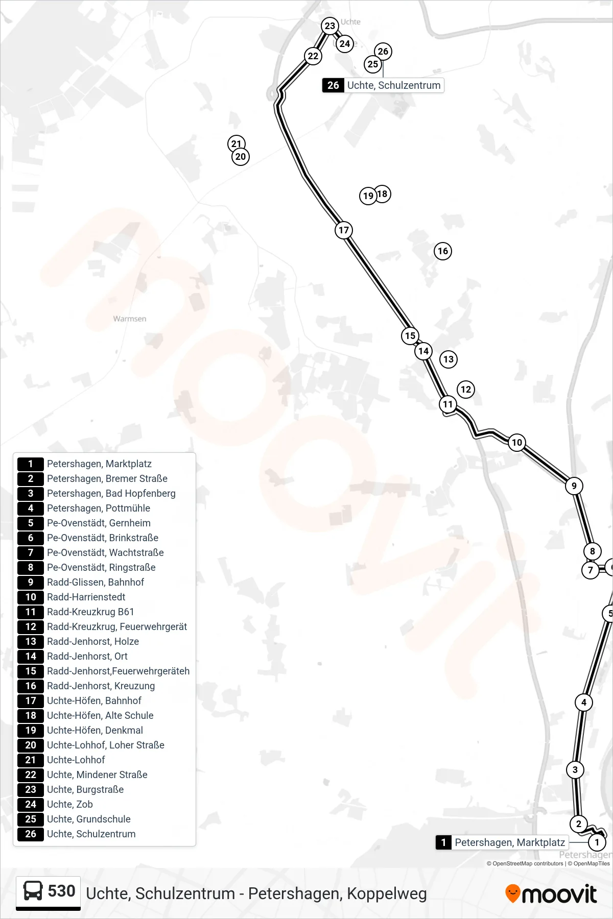 530 bus Line (Uchte) route and stops on a map