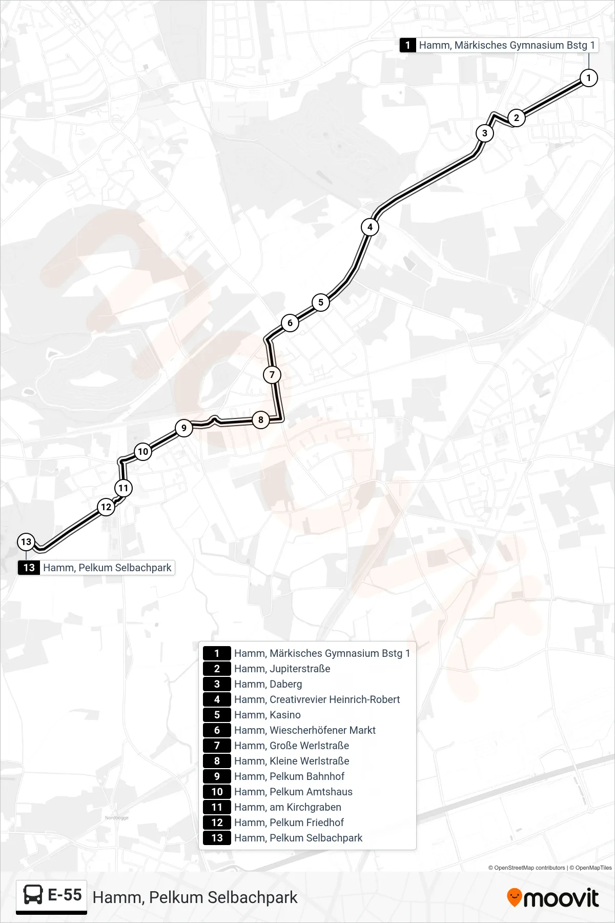 Linie E-55 (Bus) Richtung Hamm, Pelkum Selbachpark: Route und Haltestellen auf der Karte