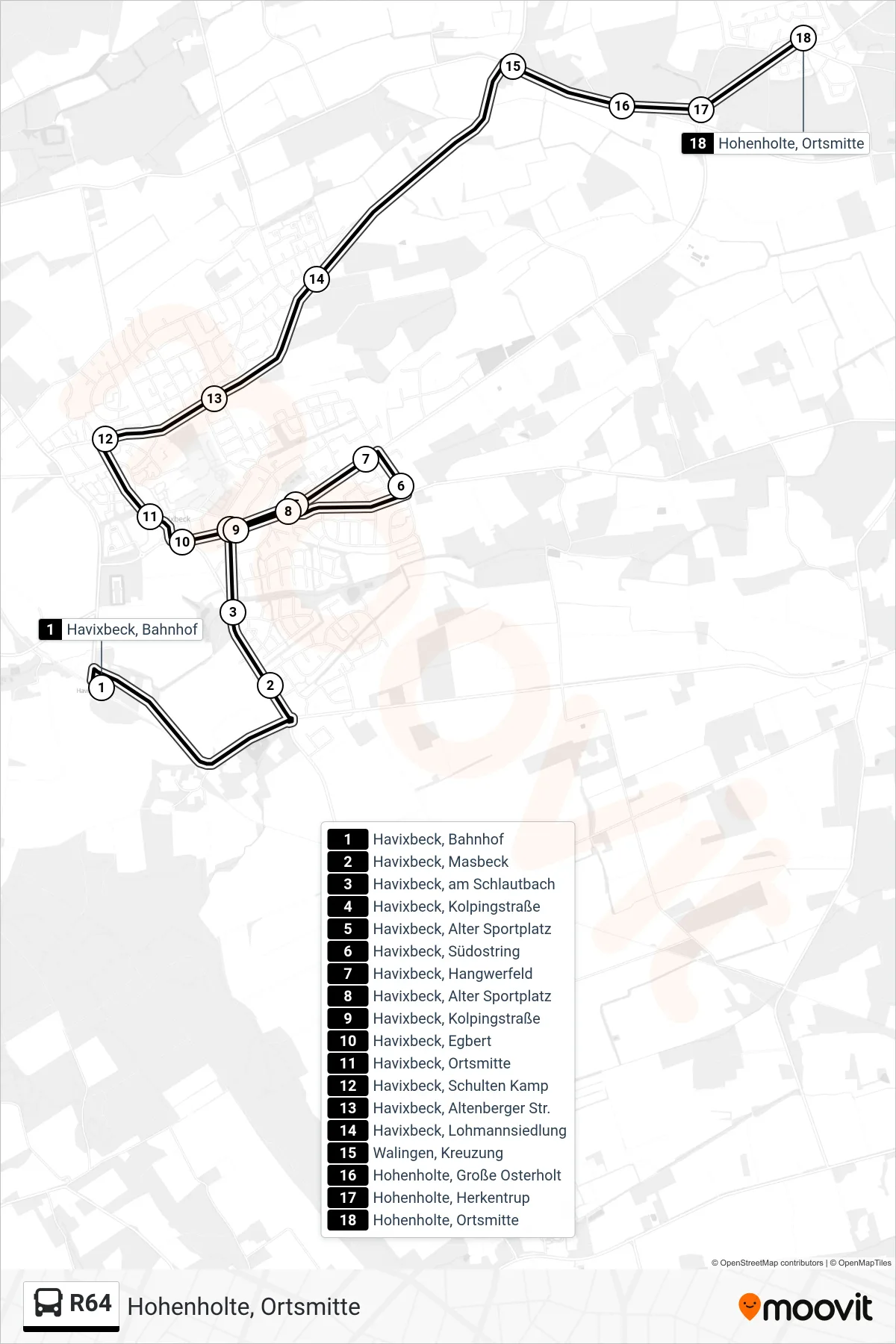 Linie R64 (Bus) Richtung Hohenholte, Ortsmitte: Route und Haltestellen auf der Karte