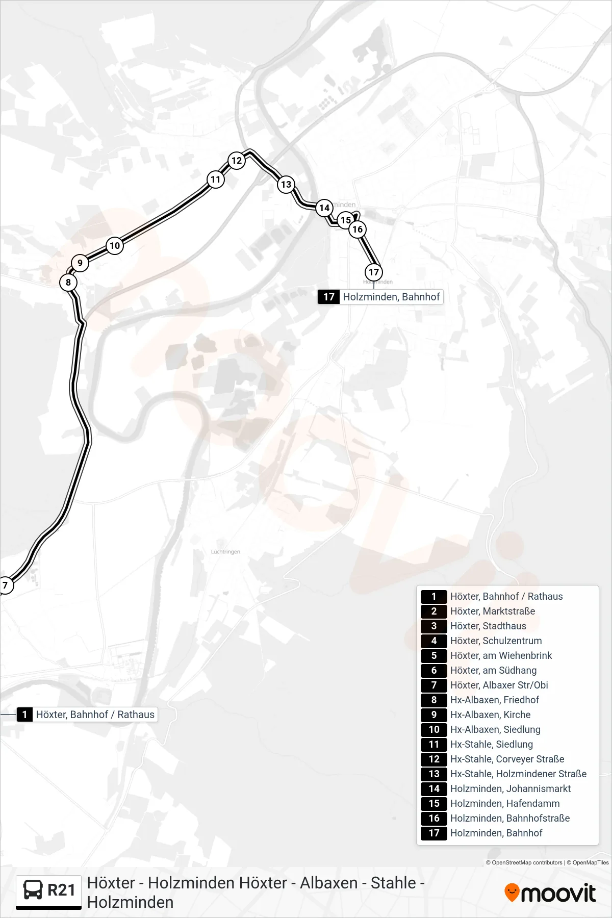 R21 bus Line (Holzminden, Bahnhof) route and stops on a map