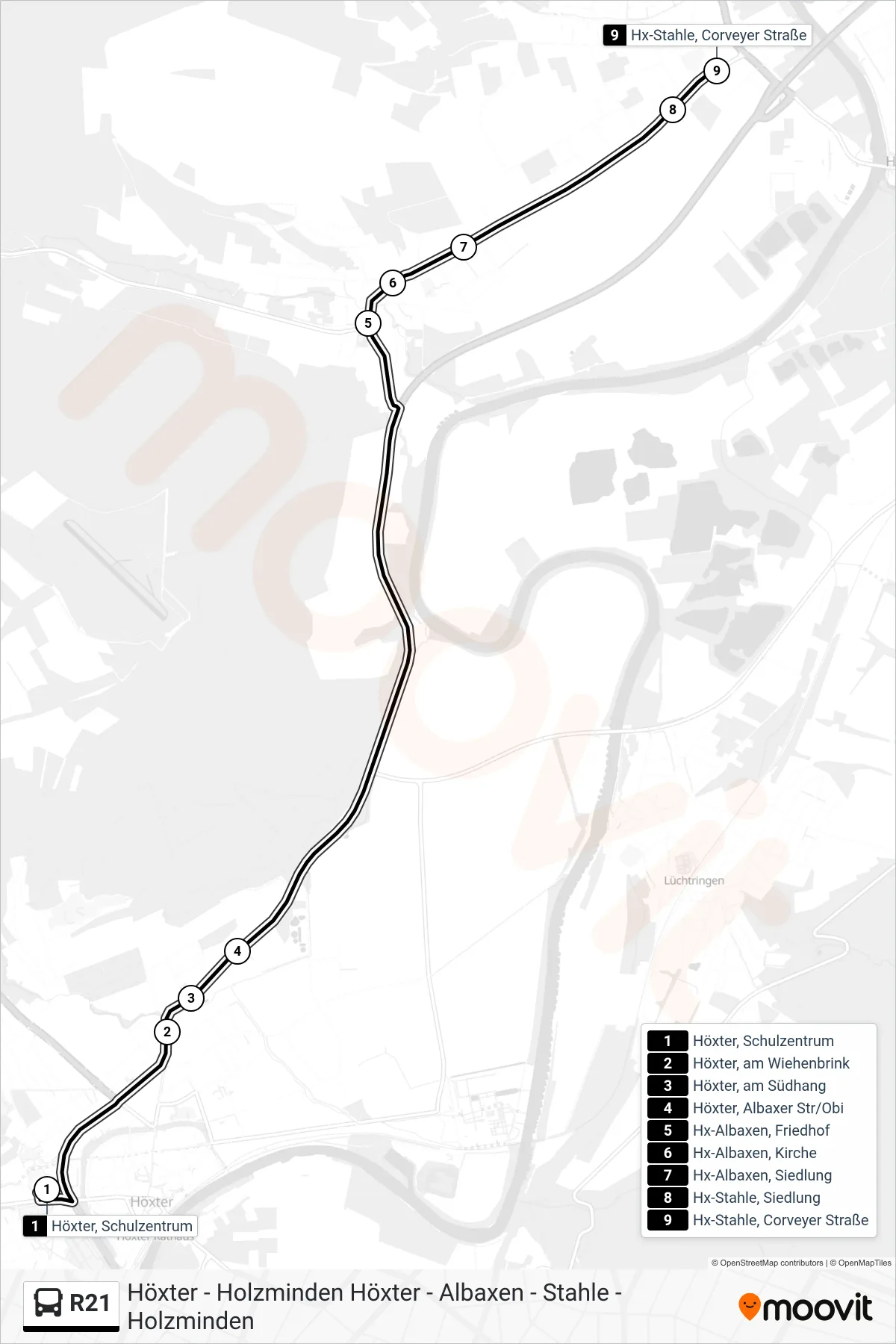 R21 bus Line (Hx-Stahle, Corveyer Straße) route and stops on a map