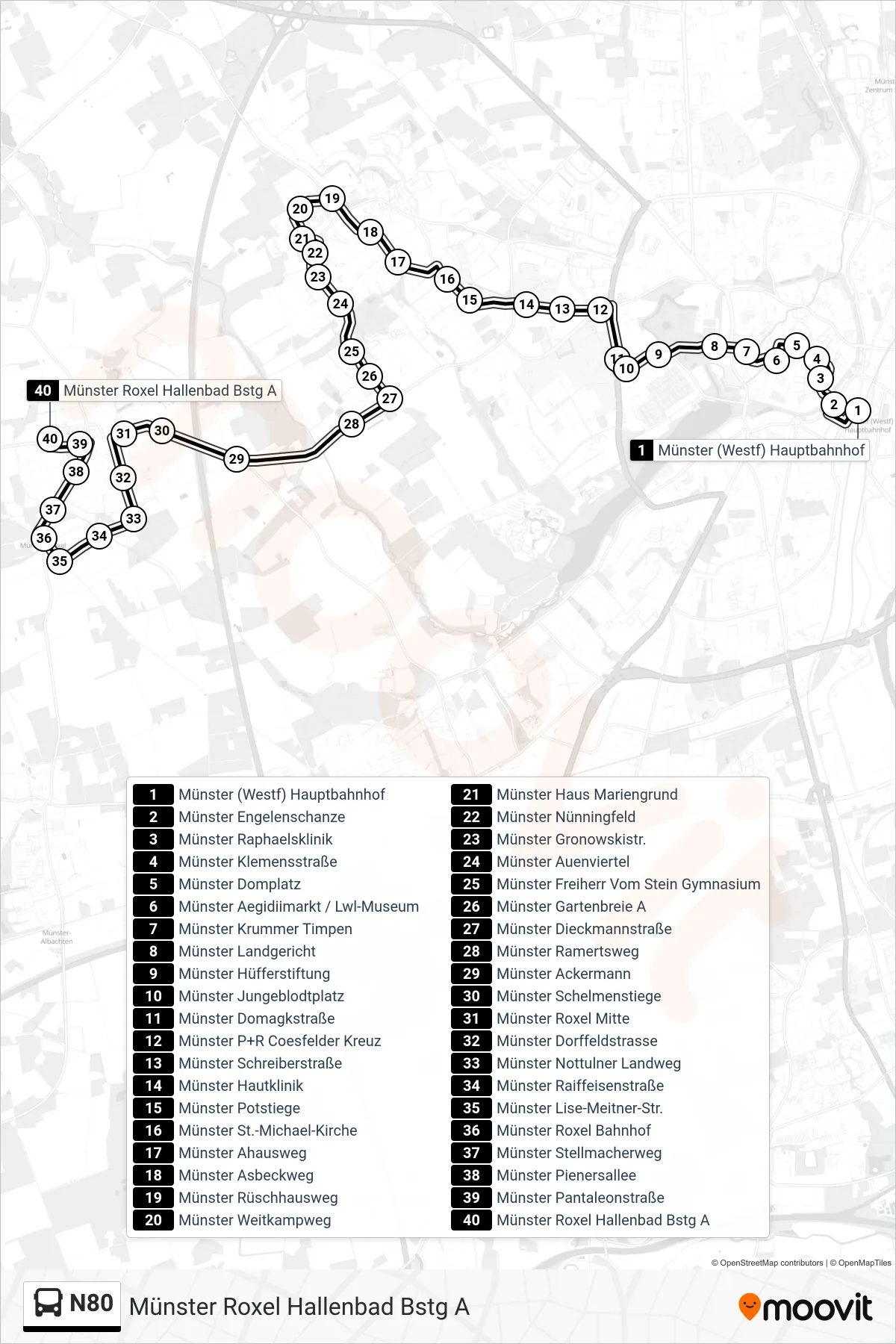 N80 bus Line (Münster Roxel Hallenbad Bstg A) route and stops on a map