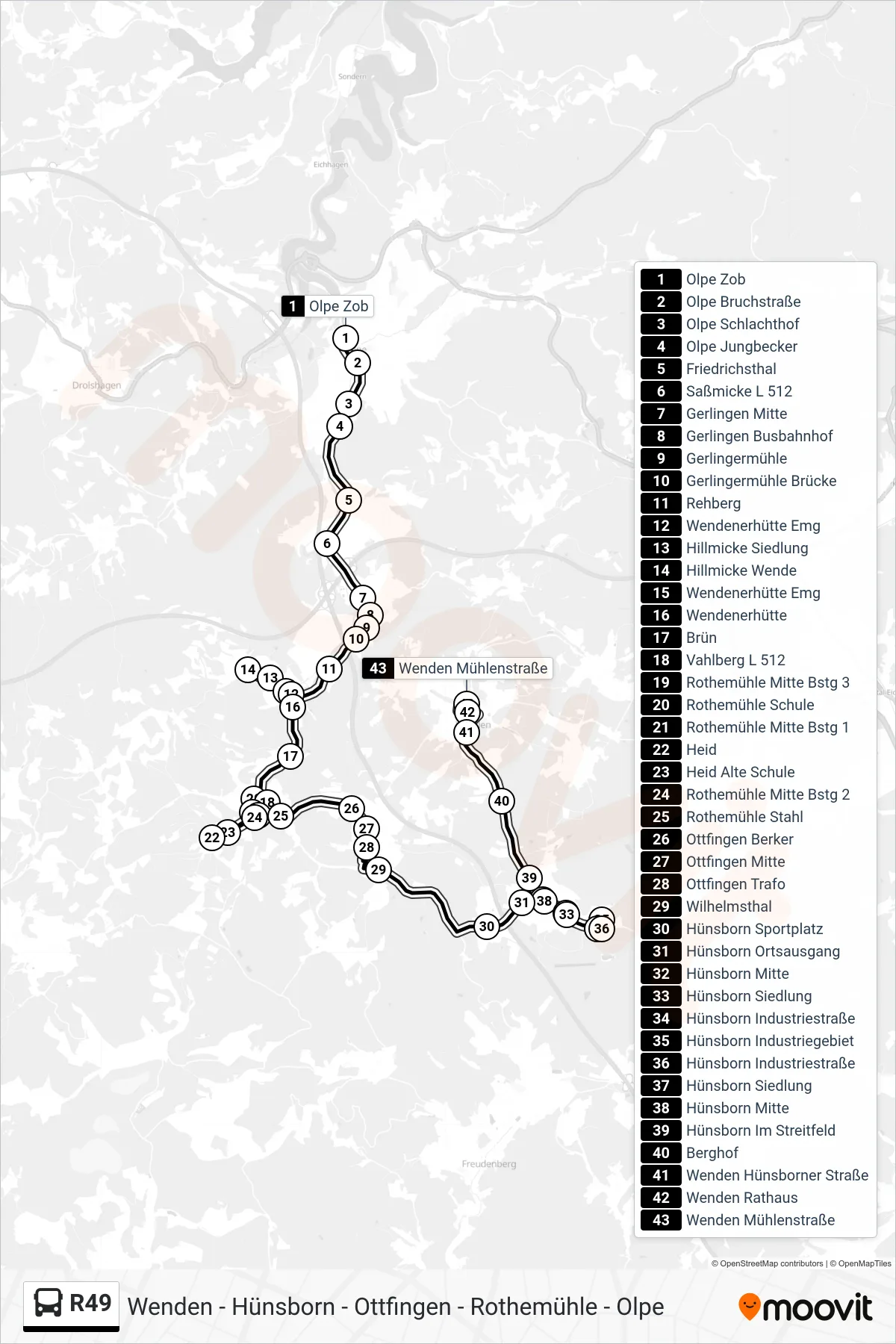 Linie R49 (Bus) Richtung Wenden Mühlenstraße: Route und Haltestellen auf der Karte