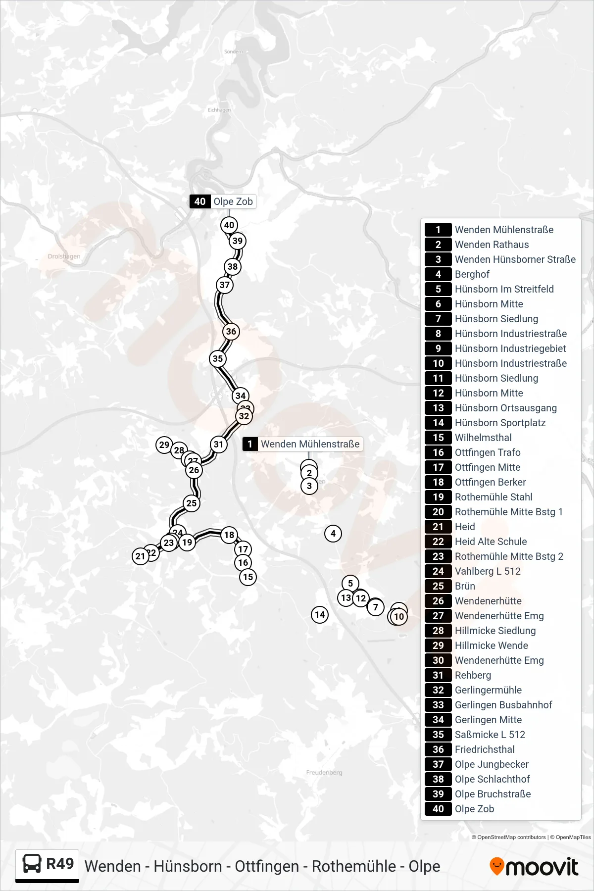 R49 bus Line (Olpe Zob Bstg 10) route and stops on a map