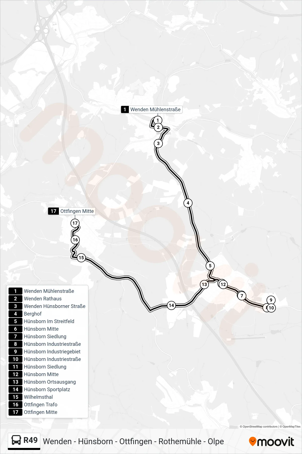 R49 bus Line (Ottfingen Mitte) route and stops on a map