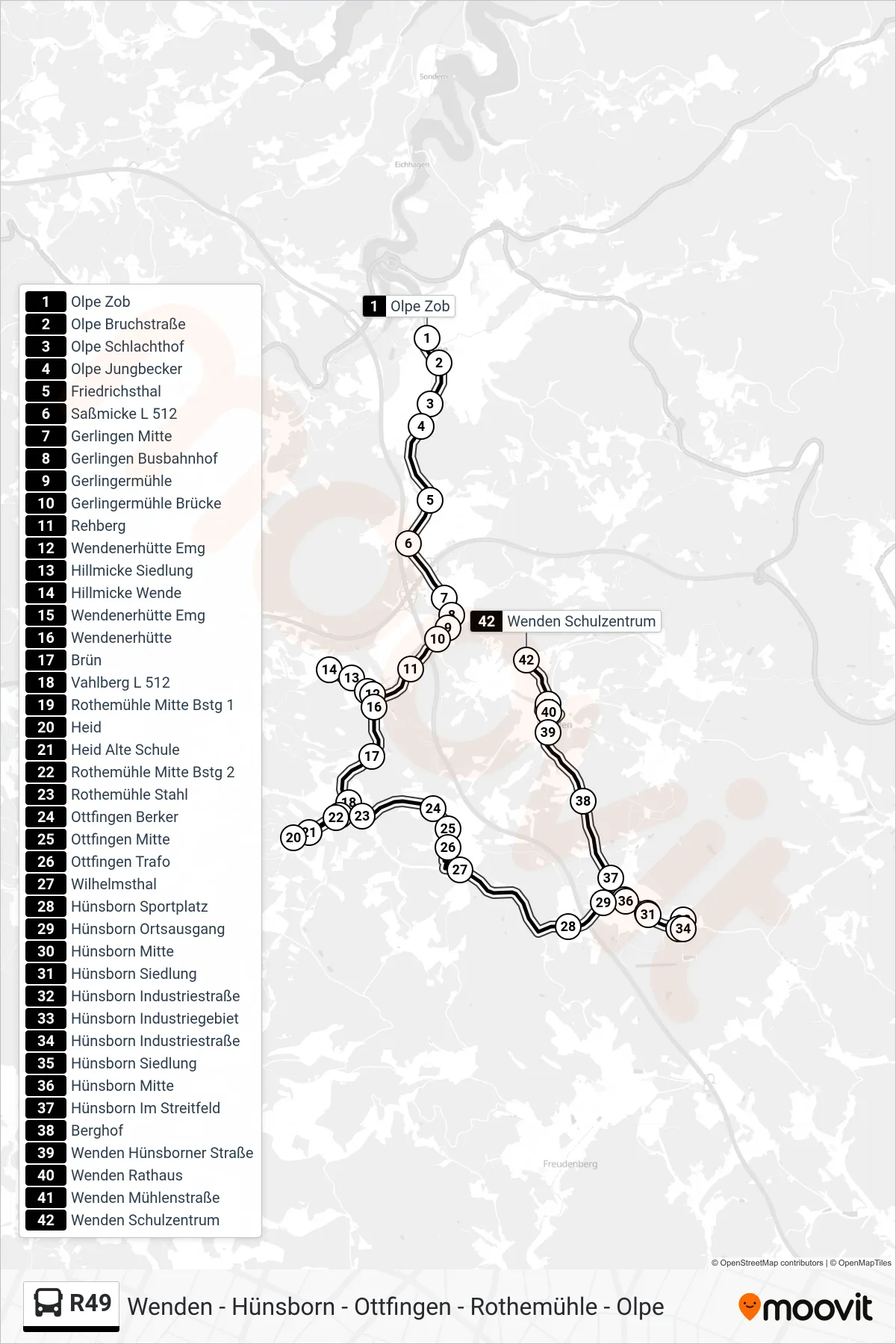 R49 bus Line (Wenden Schulzentrum) route and stops on a map