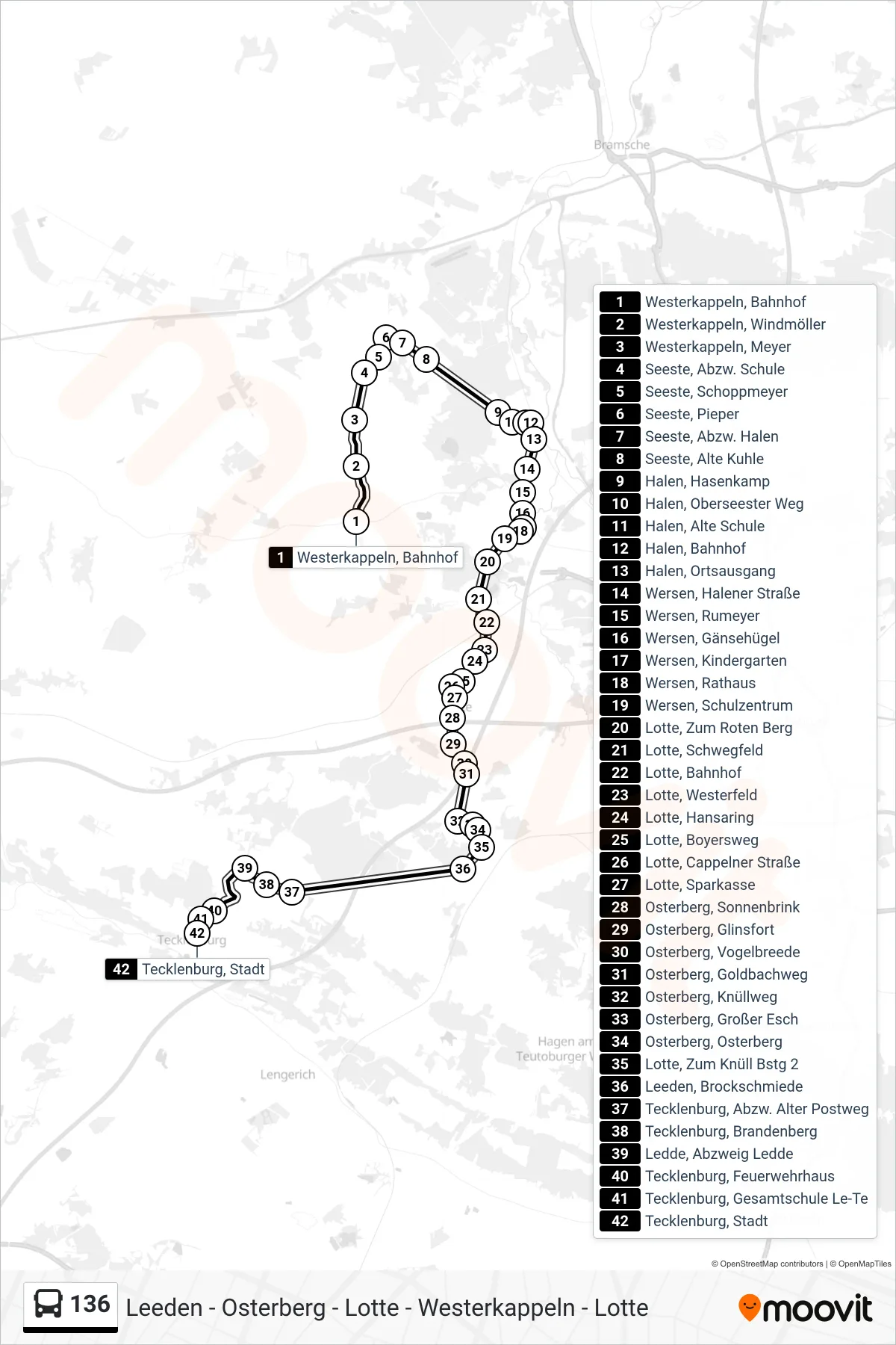 136 bus Line (Tecklenburg, Stadt Bstg D) route and stops on a map