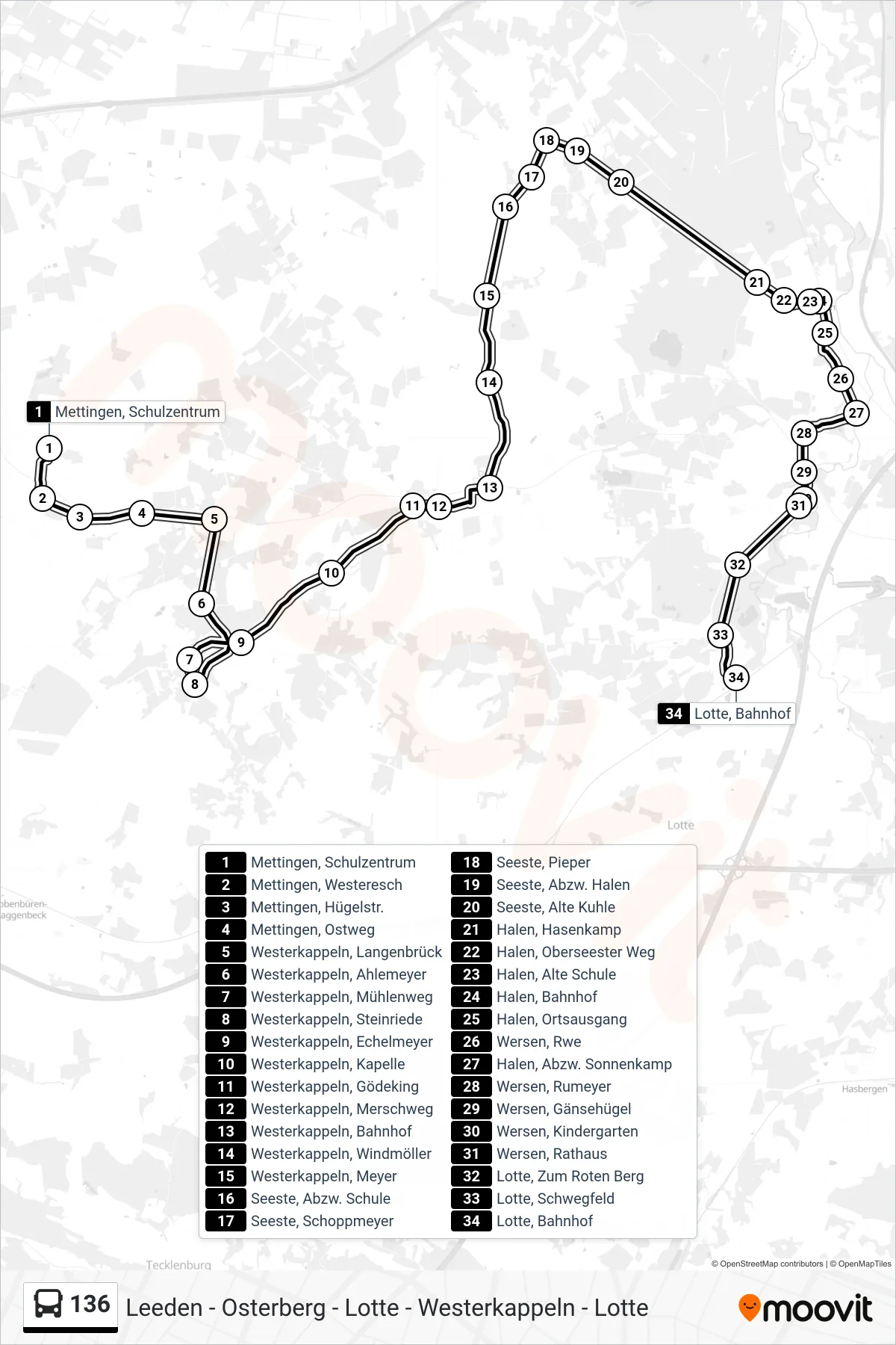 136 bus Line (Lotte, Bahnhof) route and stops on a map