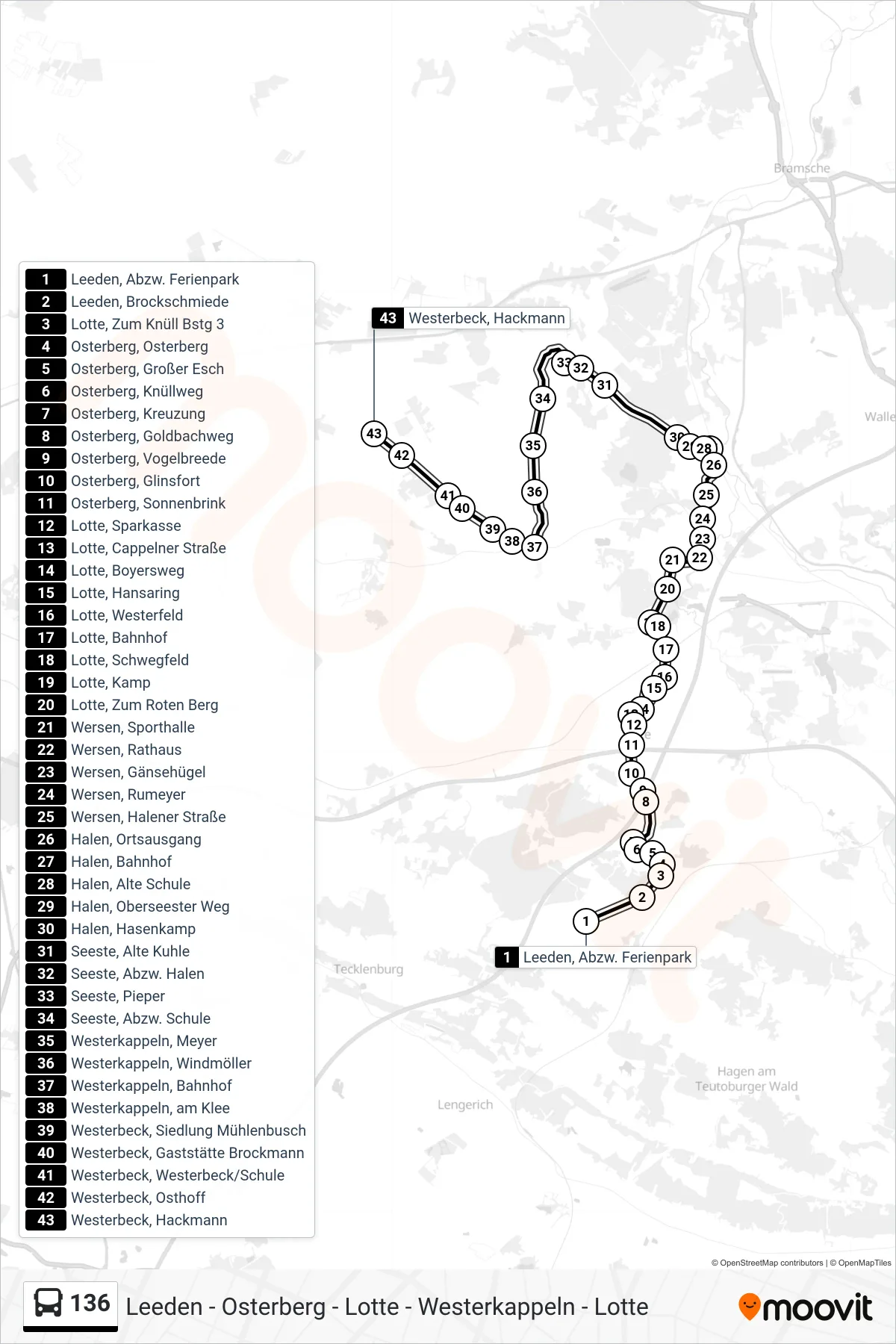 136 bus Line (Westerbeck, Hackmann) route and stops on a map