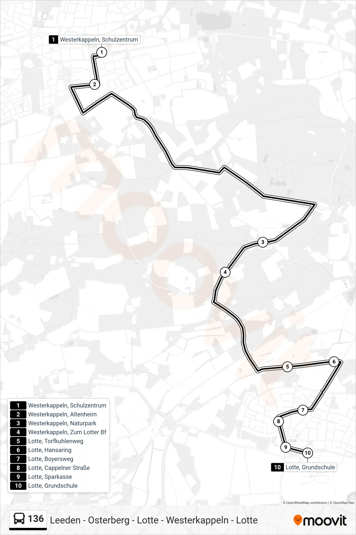 136 bus Line (Lotte, Grundschule) route and stops on a map