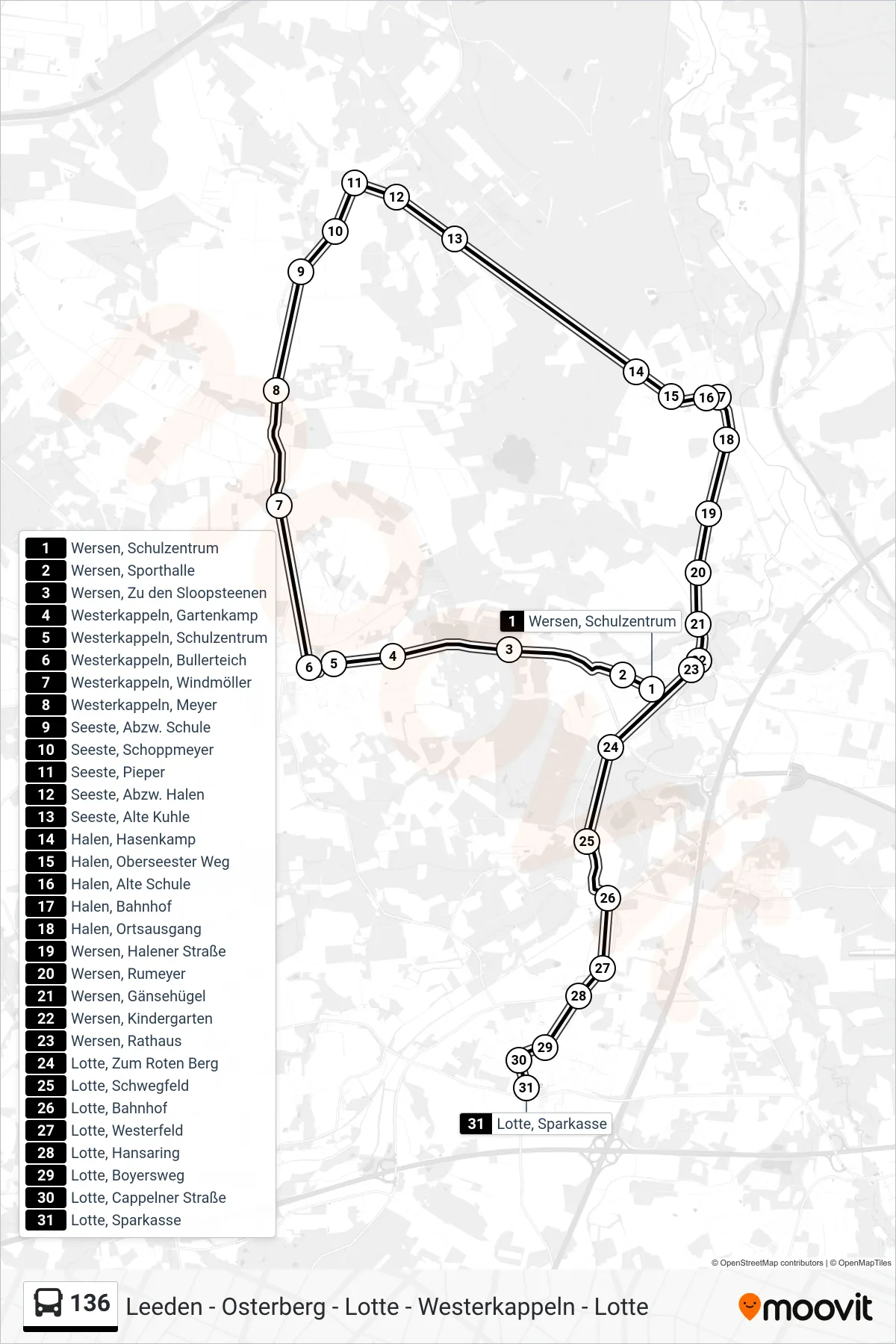 136 bus Line (Lotte, Sparkasse) route and stops on a map