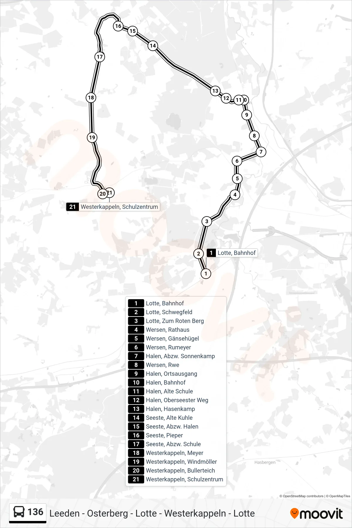 136 bus Line (Westerkappeln, Schulzentrum) route and stops on a map