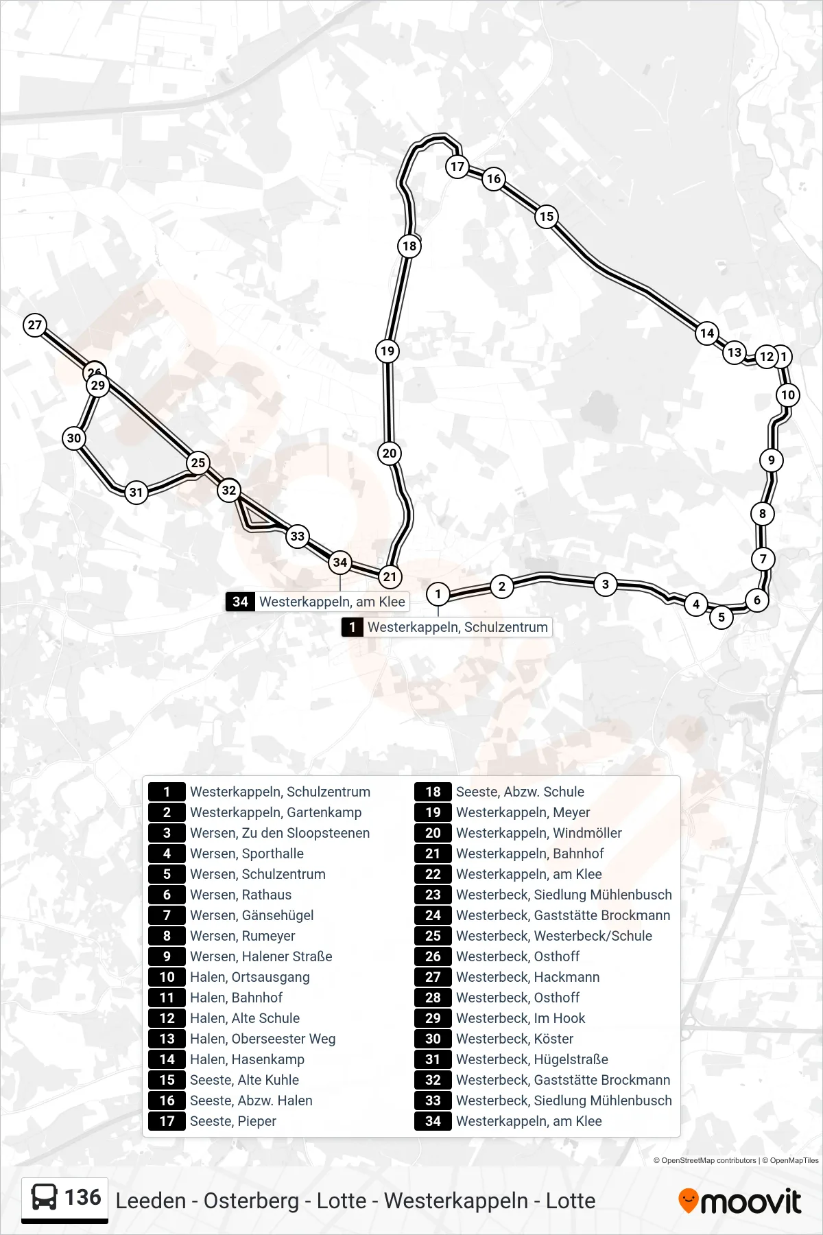 136 bus Line (Westerkappeln, am Klee) route and stops on a map