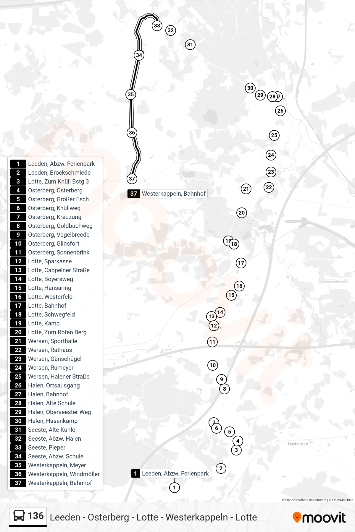 136 bus Line (Westerkappeln, Bahnhof) route and stops on a map