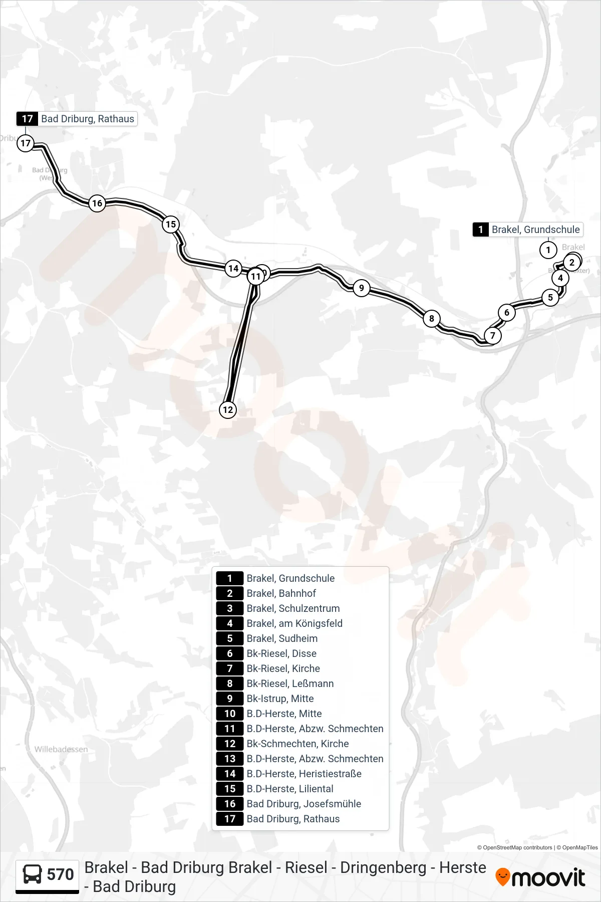570 bus Line (Bad Driburg, Rathaus) route and stops on a map