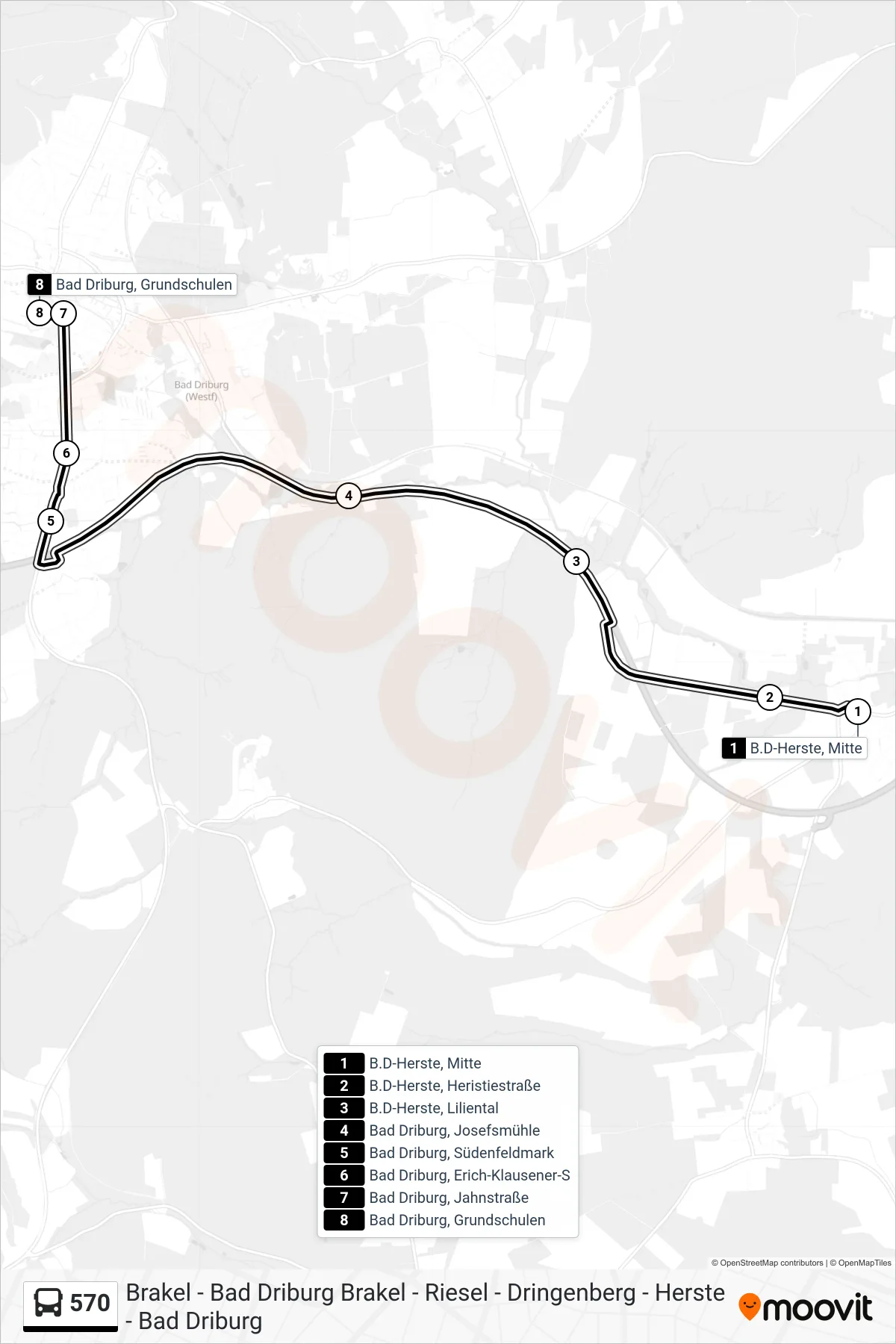 570 bus Line (Bad Driburg, Grundschulen) route and stops on a map