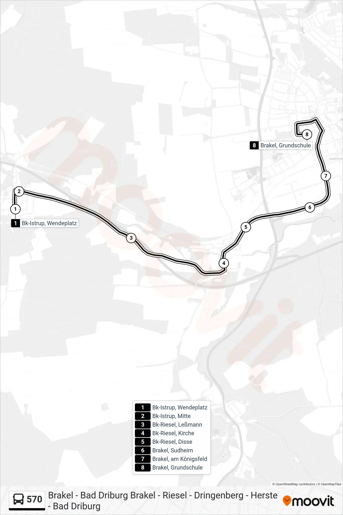 570 bus Line (Brakel, Grundschule) route and stops on a map