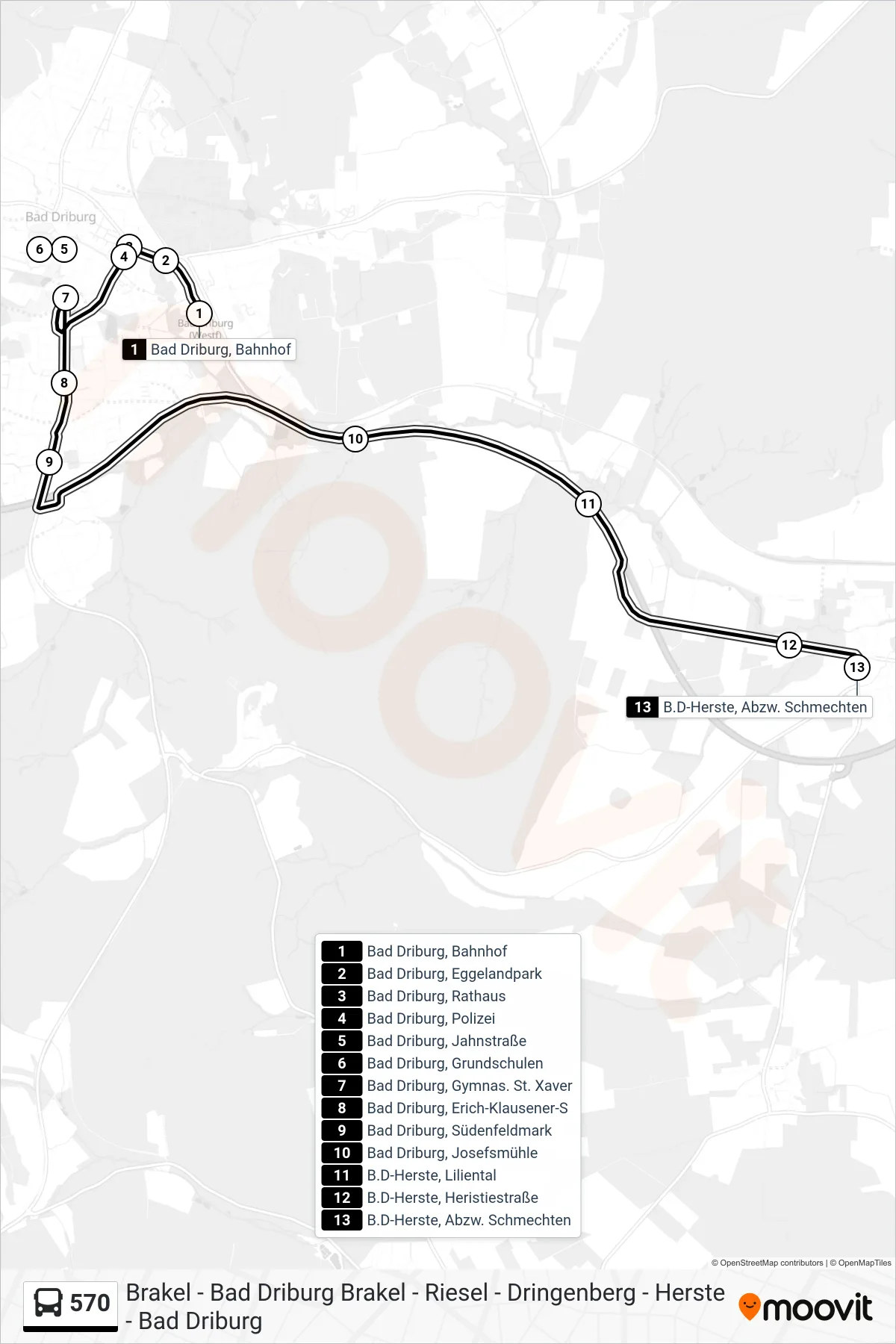 570 bus Line (B.D-Herste, Abzw. Schmechten) route and stops on a map