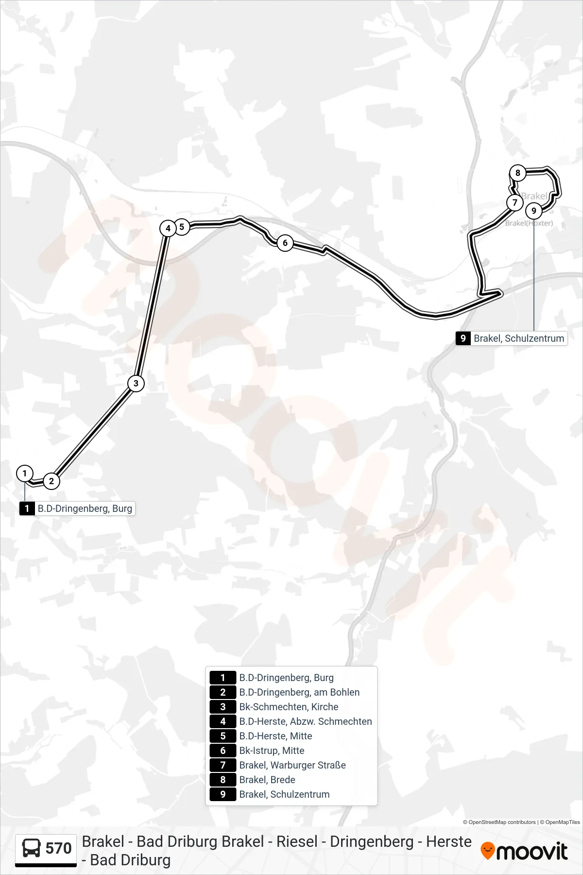570 bus Line (Brakel, Schulzentrum) route and stops on a map