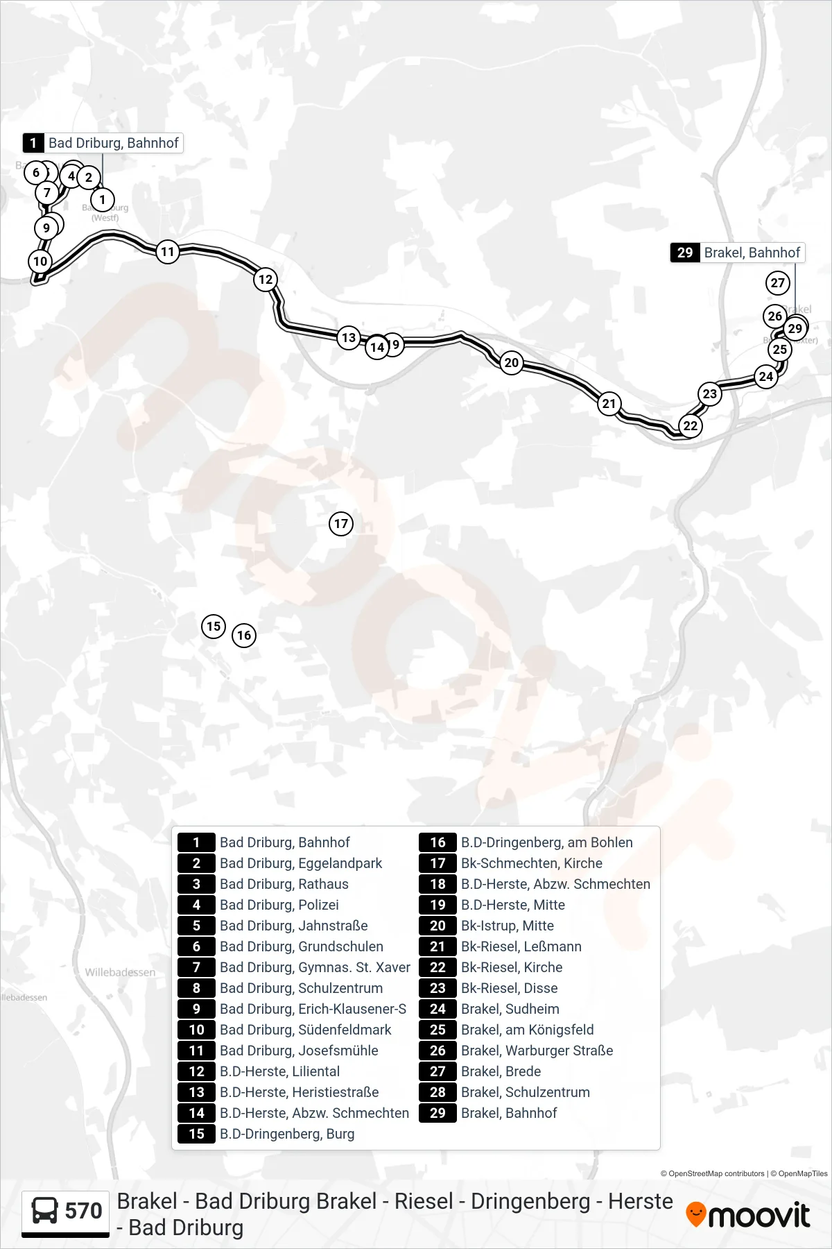 570 bus Line (Brakel, Bahnhof) route and stops on a map