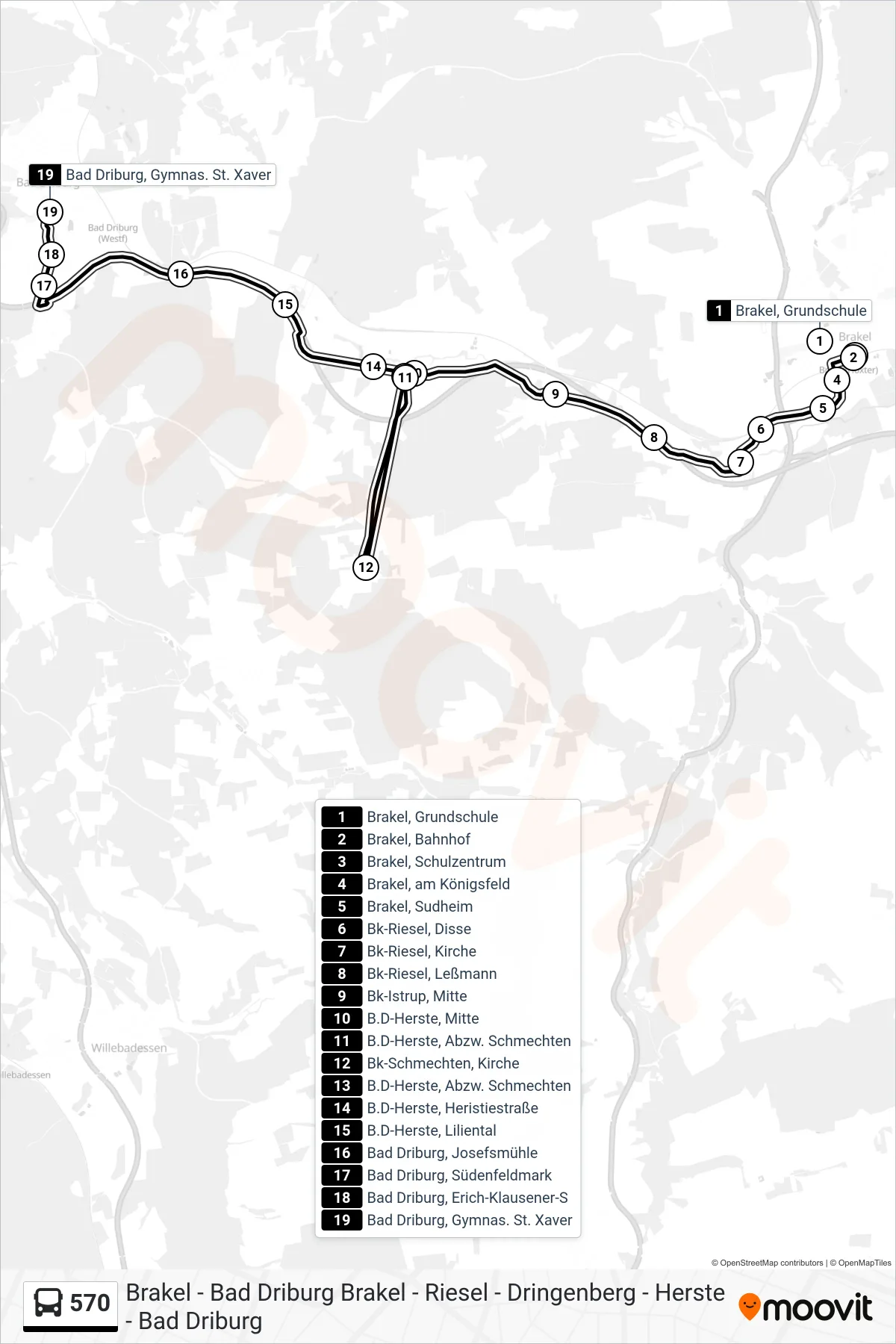 570 bus Line (Bad Driburg, Gymnas. St. Xaver) route and stops on a map