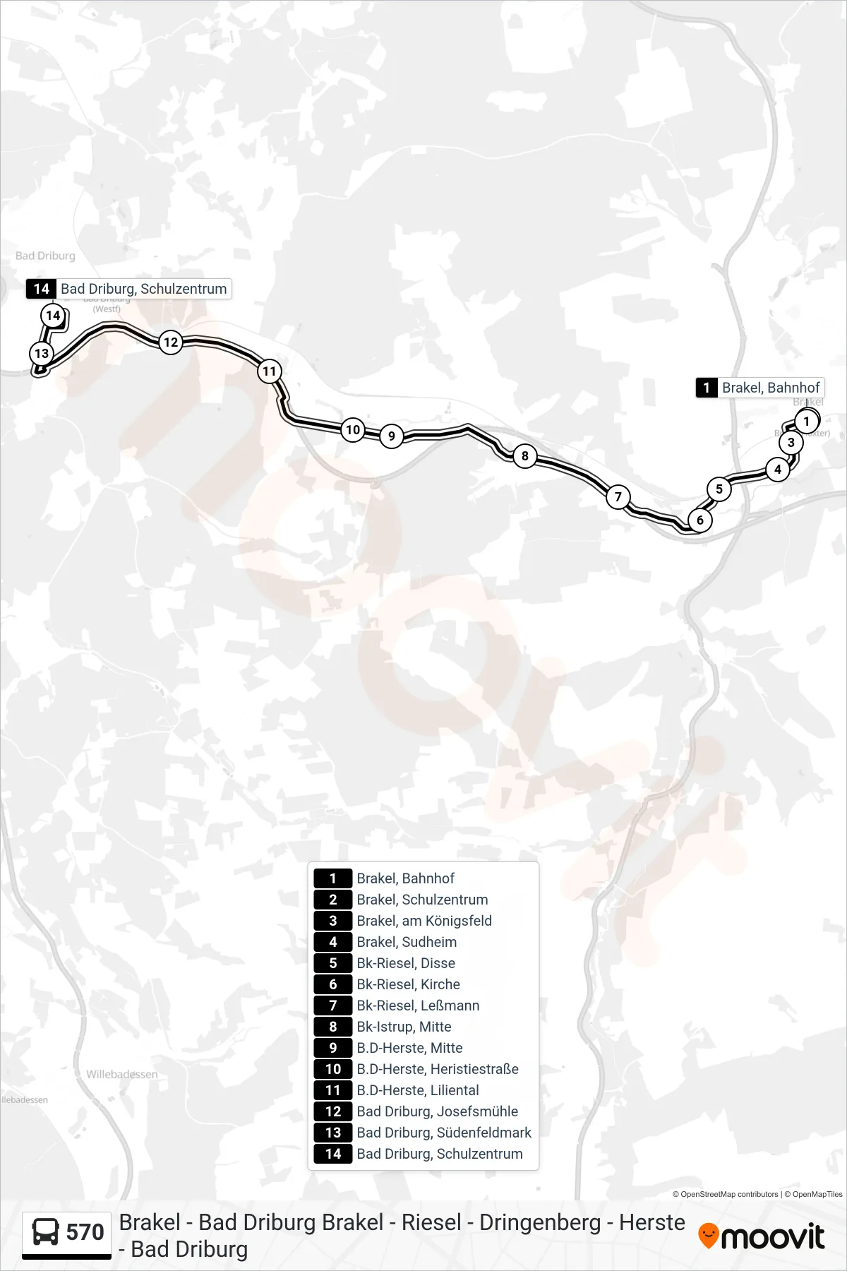 570 bus Line (Bad Driburg, Schulzentrum) route and stops on a map