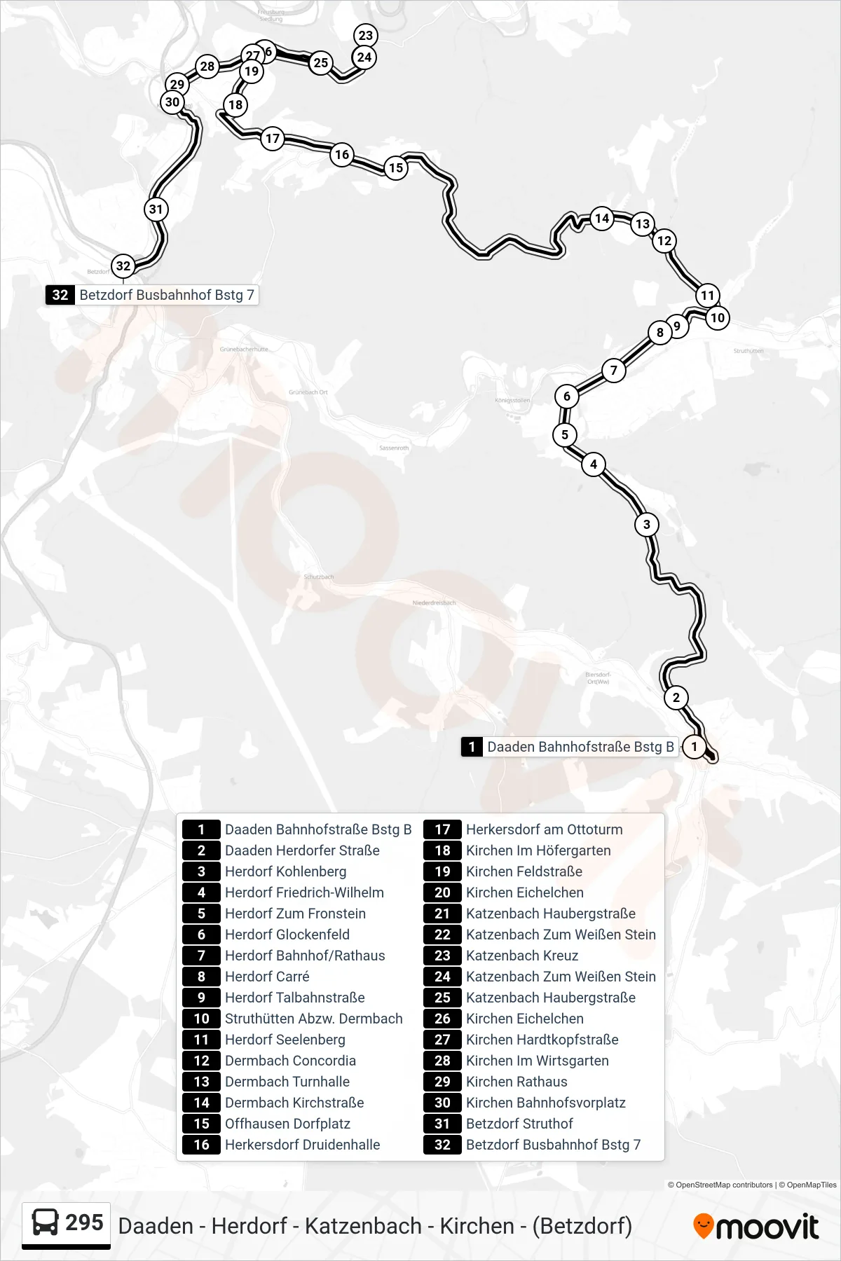 295 bus Line (Betzdorf Busbahnhof Bstg 7) route and stops on a map