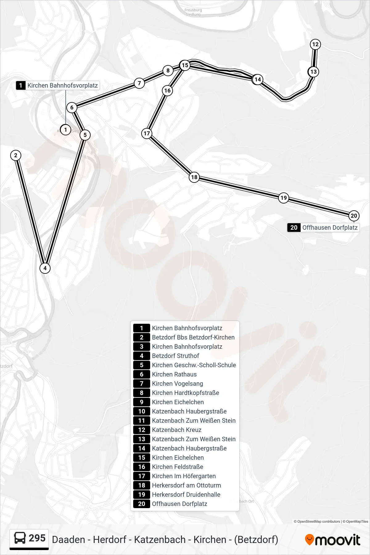 295 bus Line (Offhausen Dorfplatz) route and stops on a map