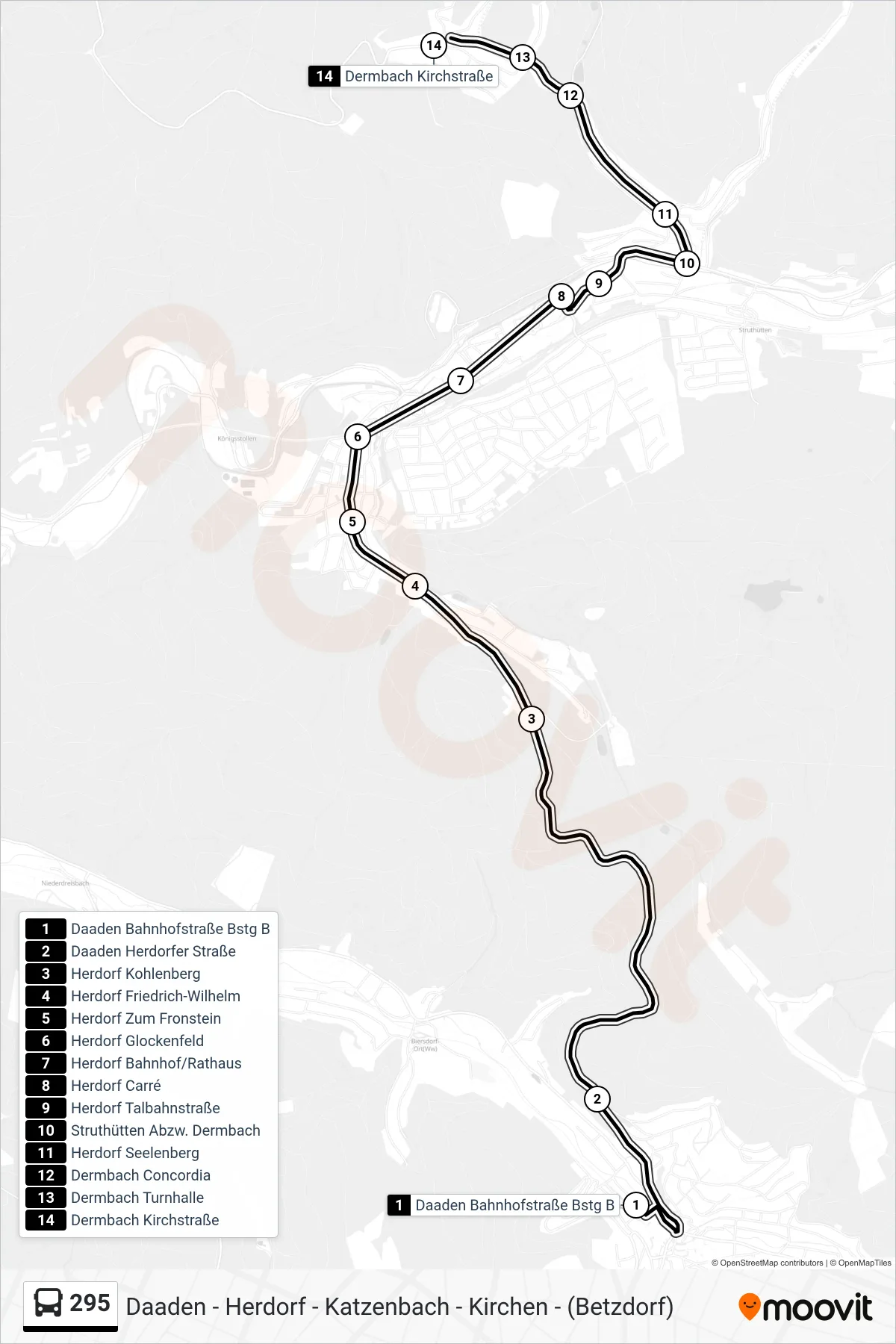 295 bus Line (Dermbach Kirchstraße) route and stops on a map
