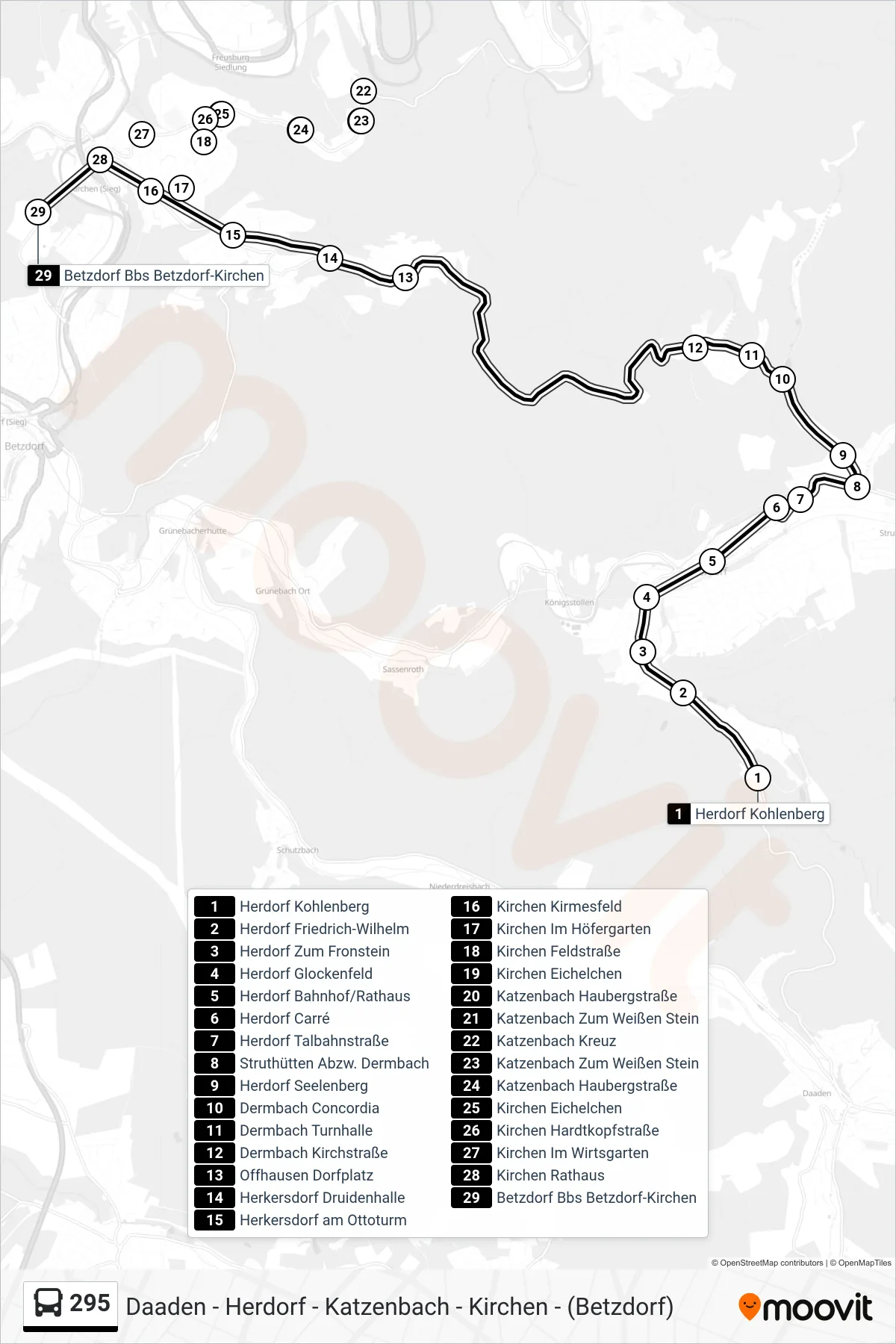 295 bus Line (Betzdorf Bbs Betzdorf-Kirchen) route and stops on a map