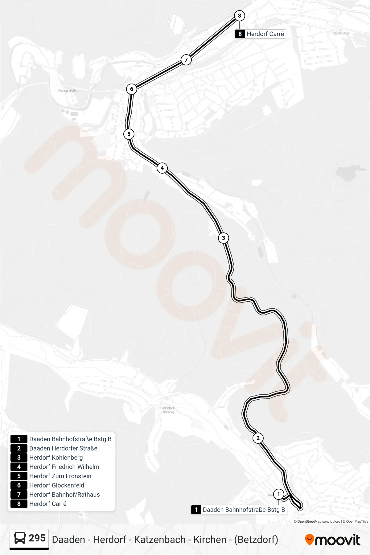 295 bus Line (Herdorf Carré) route and stops on a map