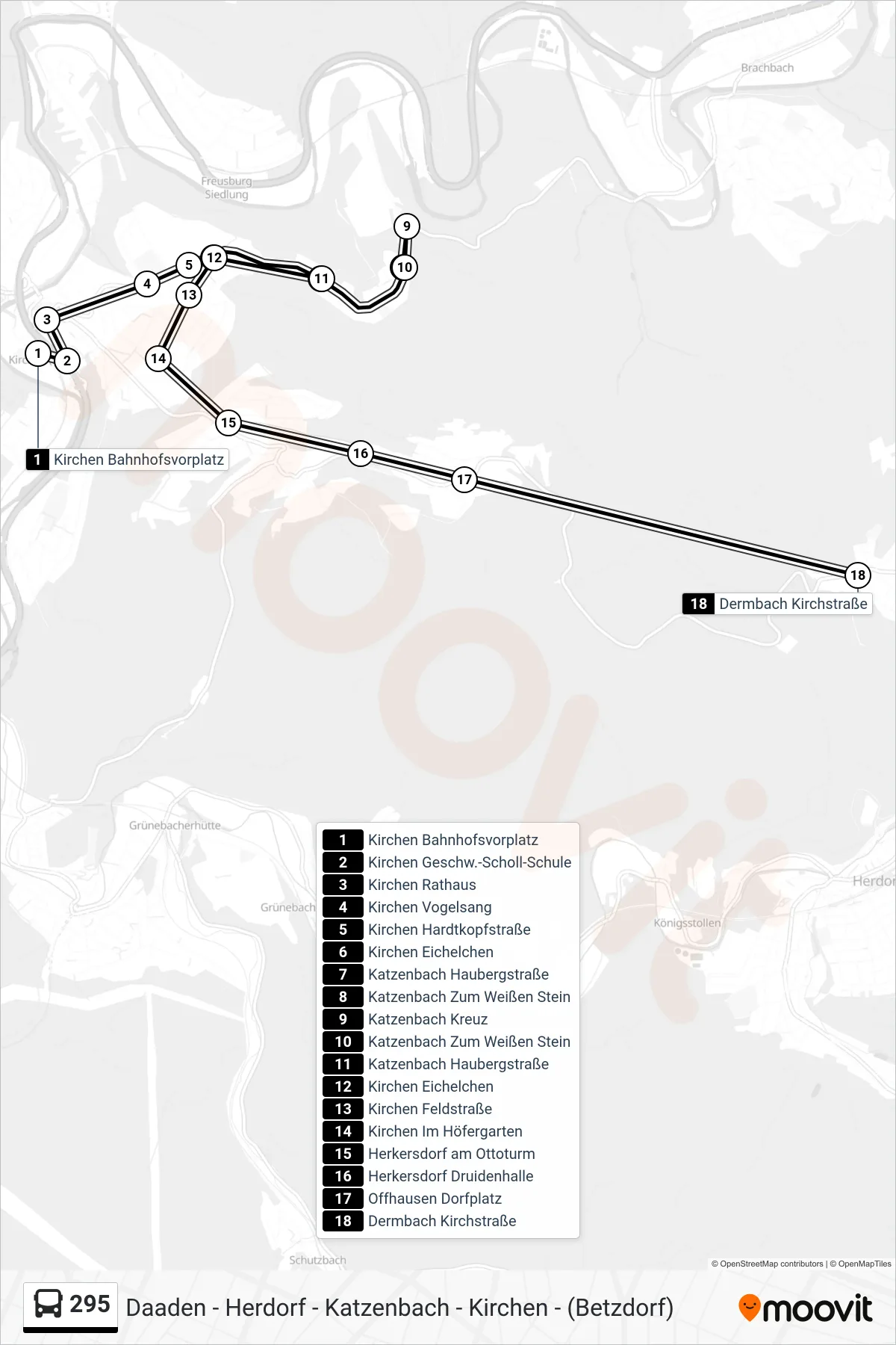 295 bus Line (Dermbach Kirchstraße) route and stops on a map
