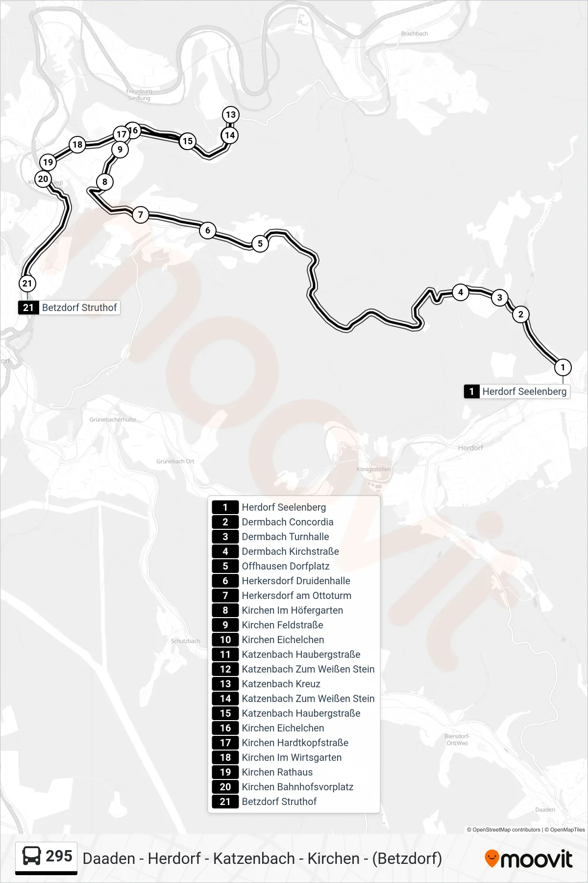 Linie 295 (Bus) Richtung Betzdorf Struthof Bstg G: Route und Haltestellen auf der Karte
