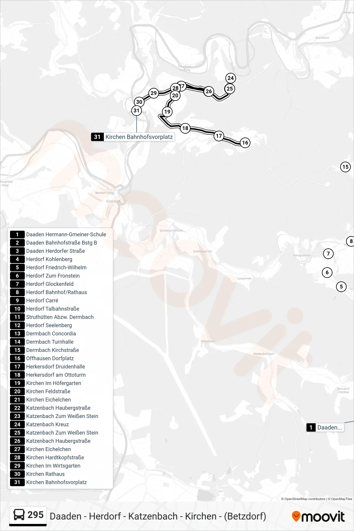 295 bus Line (Kirchen Bahnhofsvorplatz) route and stops on a map