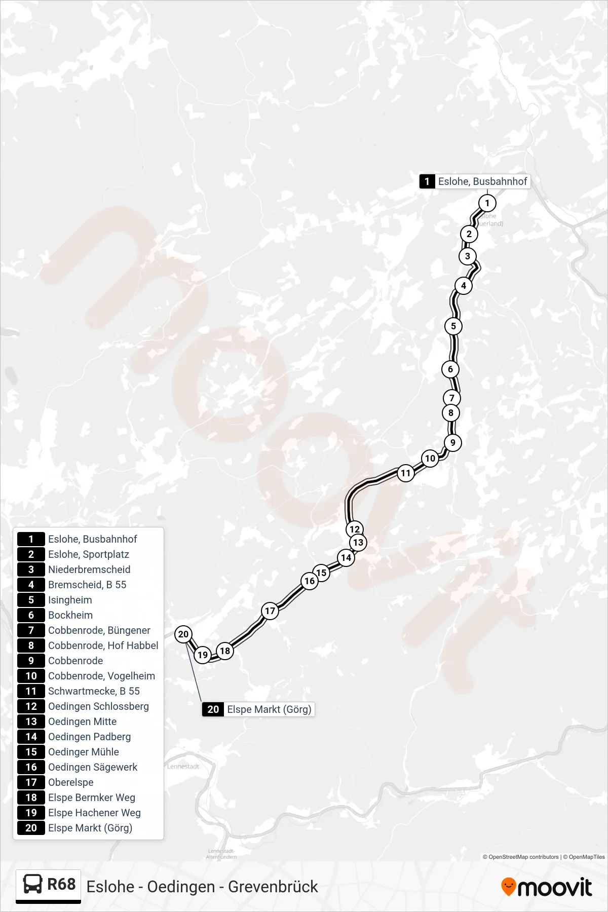R68 bus Line (Elspe Markt (Görg)) route and stops on a map