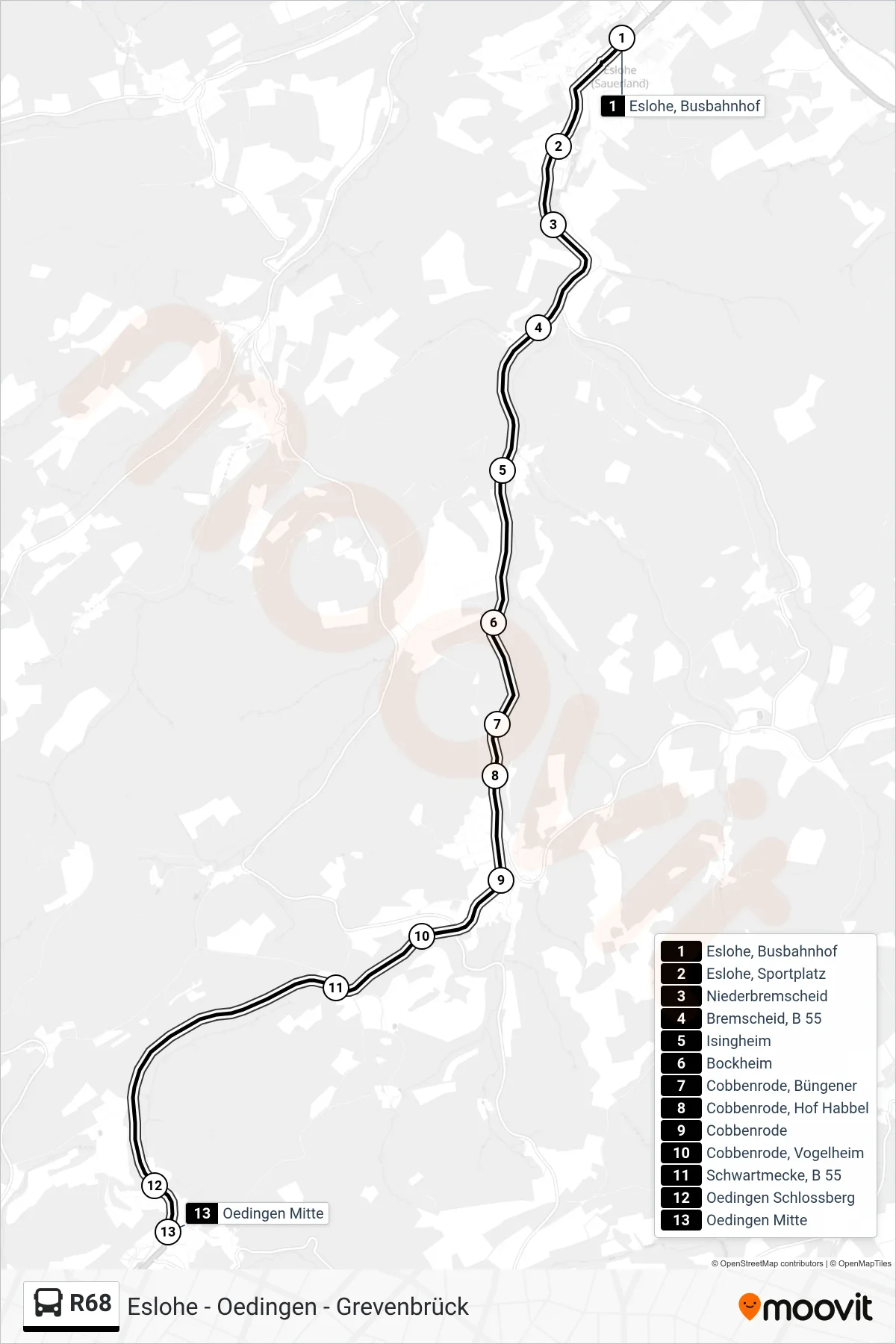 R68 bus Line (Oedingen Mitte) route and stops on a map