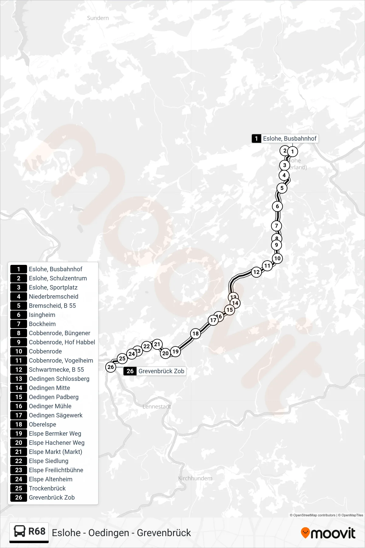Linie R68 (Bus) Richtung Grevenbrück Zob Bstg 2a: Route und Haltestellen auf der Karte