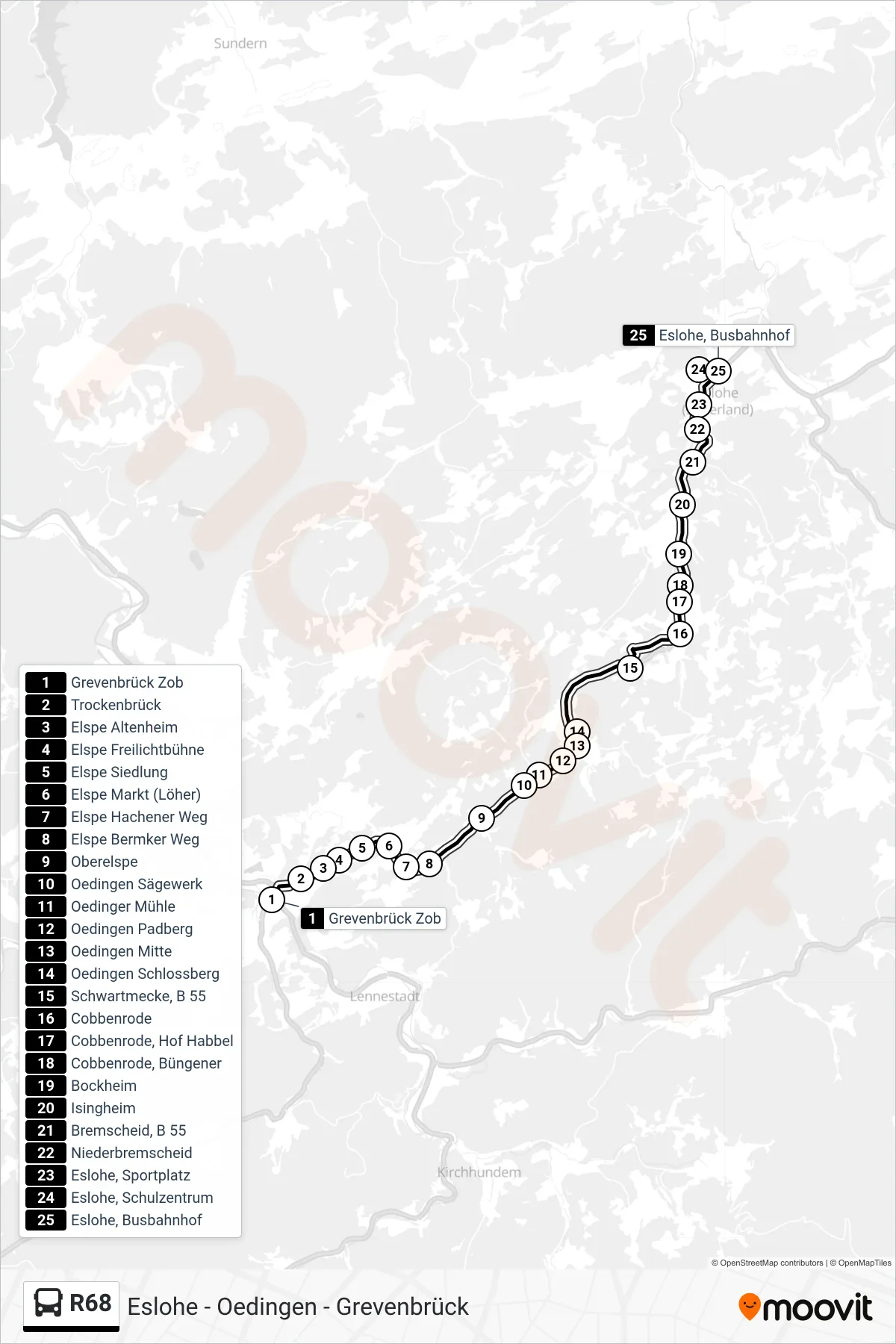 R68 bus Line (Eslohe, Busbahnhof) route and stops on a map