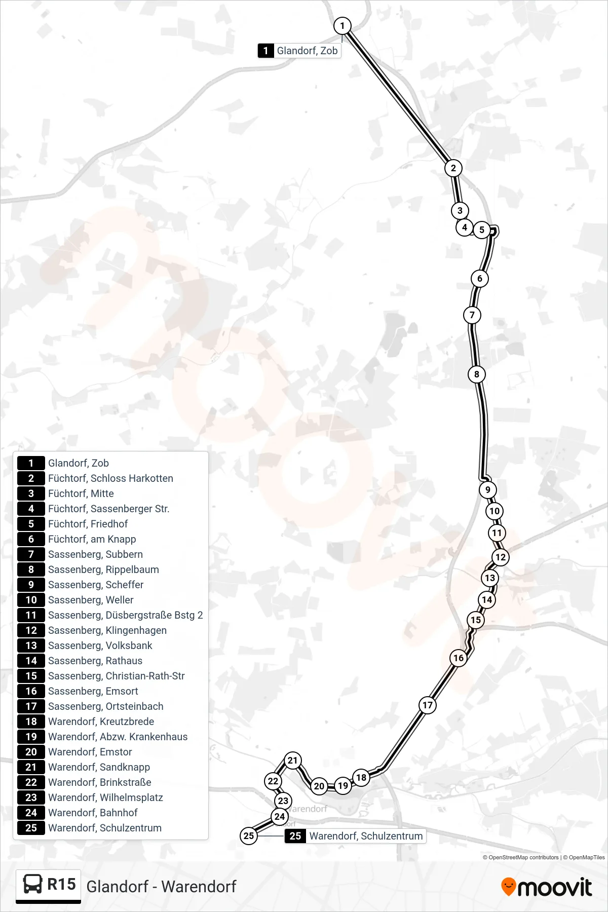 R15 tram Line (Warendorf, Schulzentrum) route and stops on a map