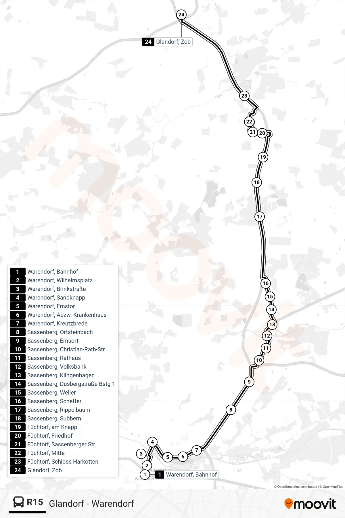 R15 tram Line (Glandorf, Zob) route and stops on a map