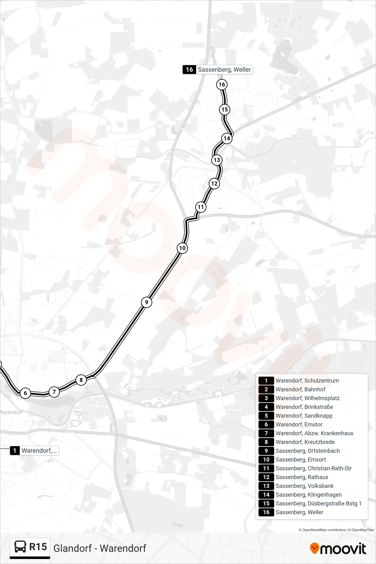 Linie R15 (Tram) Richtung Sassenberg, Weller: Route und Haltestellen auf der Karte