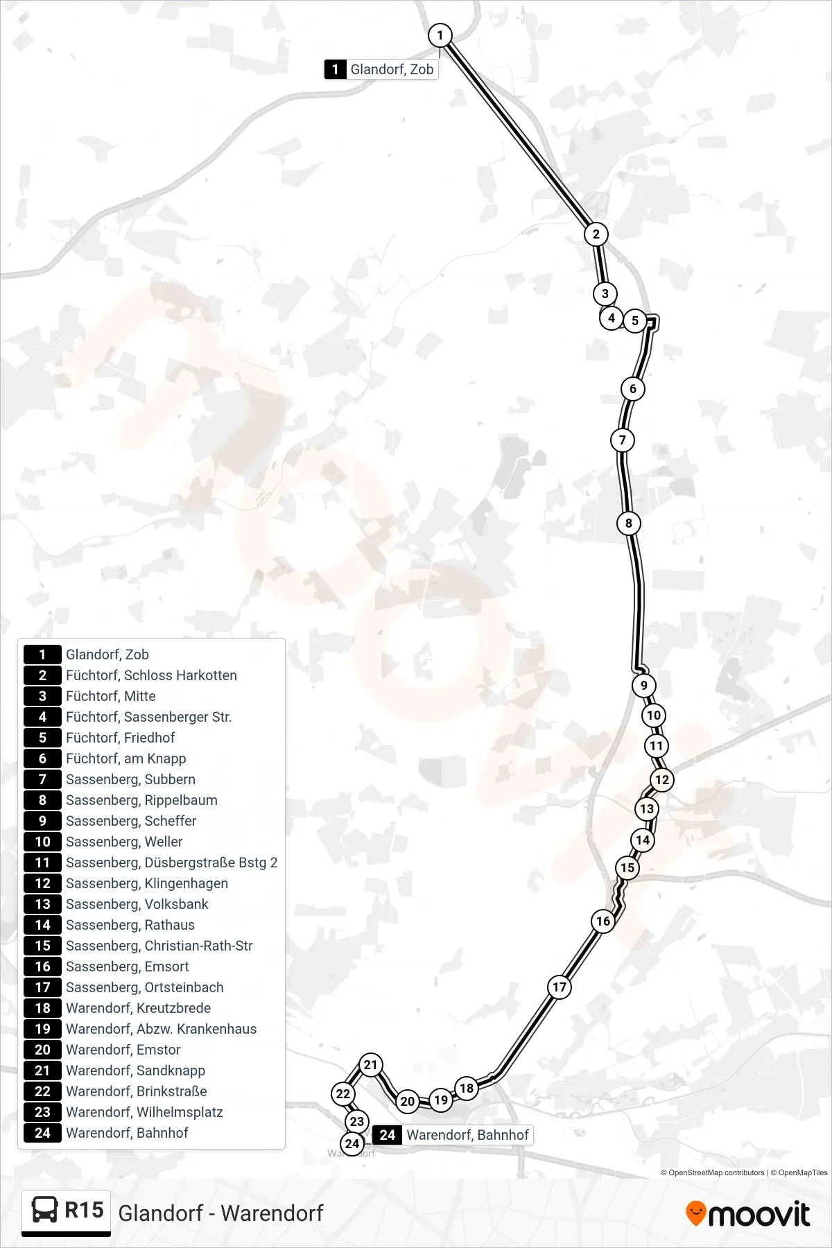 R15 tram Line (Warendorf, Bahnhof Bstg 5e) route and stops on a map