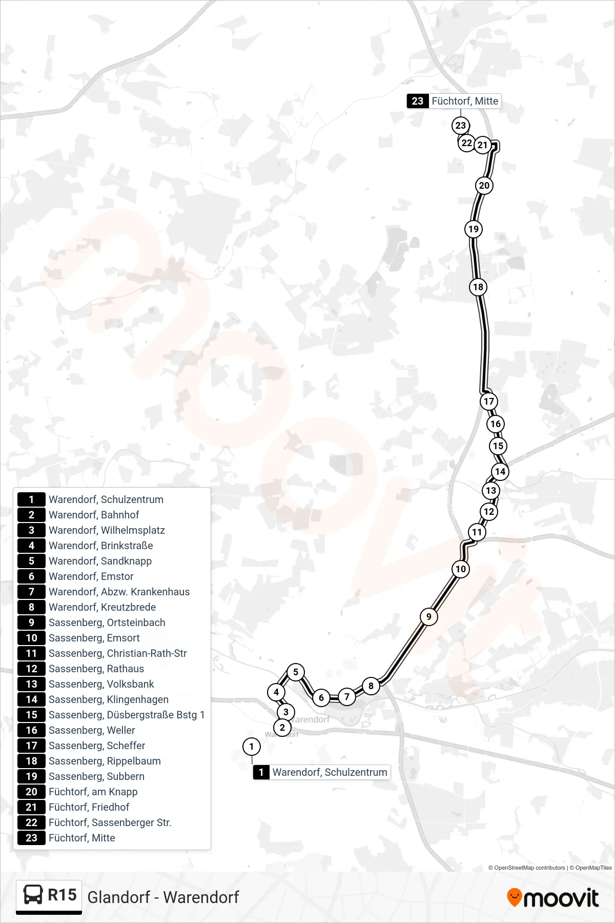 R15 tram Line (Füchtorf, Mitte) route and stops on a map