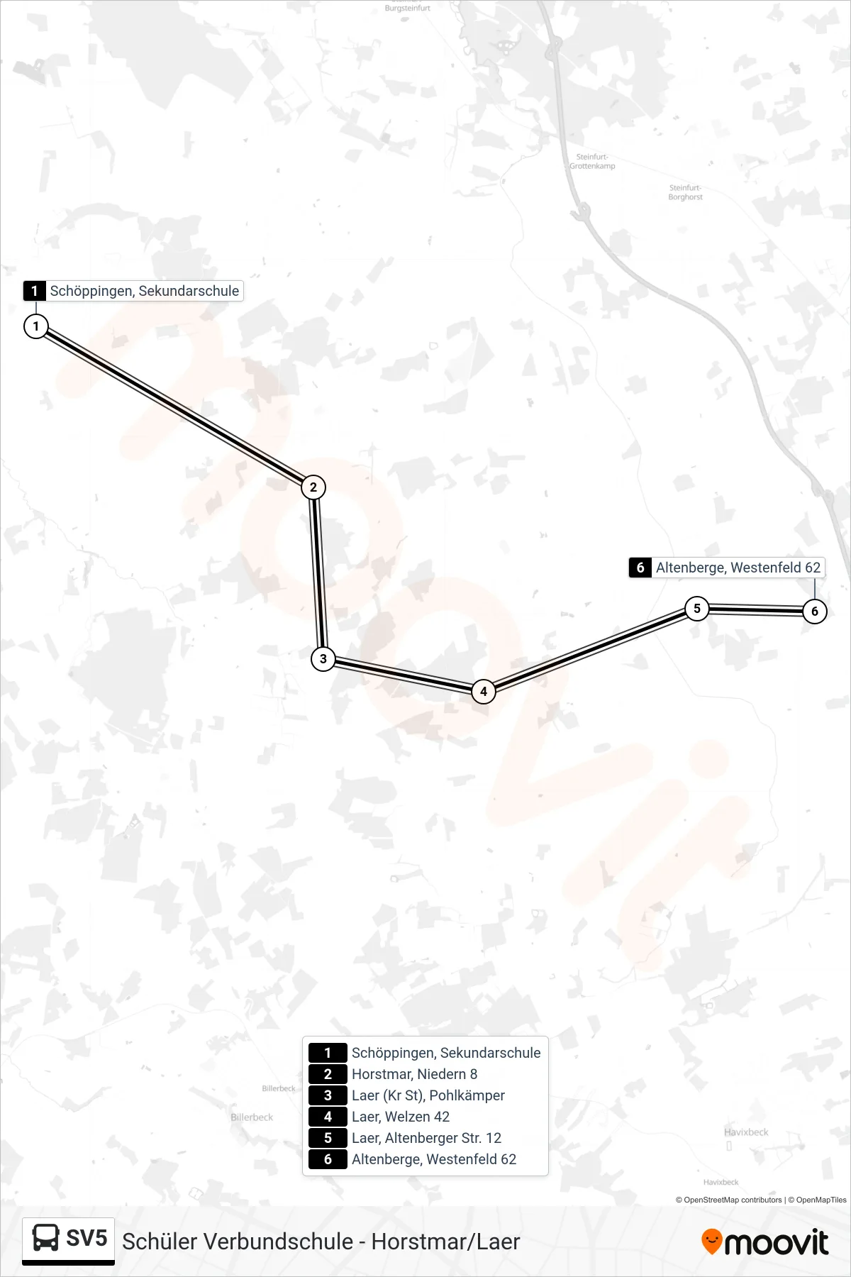 SV5 bus Line (Altenberge, Westenfeld 62) route and stops on a map