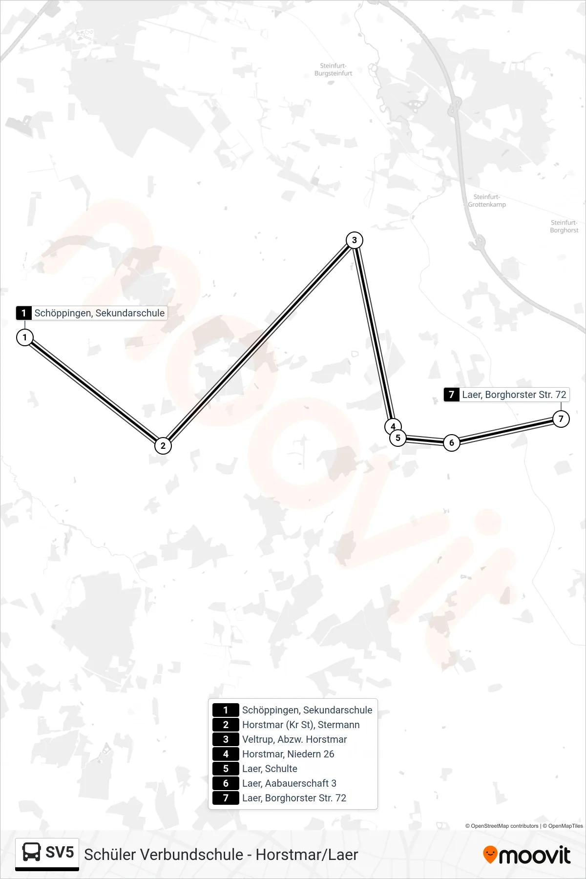 SV5 bus Line (Laer, Borghorster Str. 72) route and stops on a map