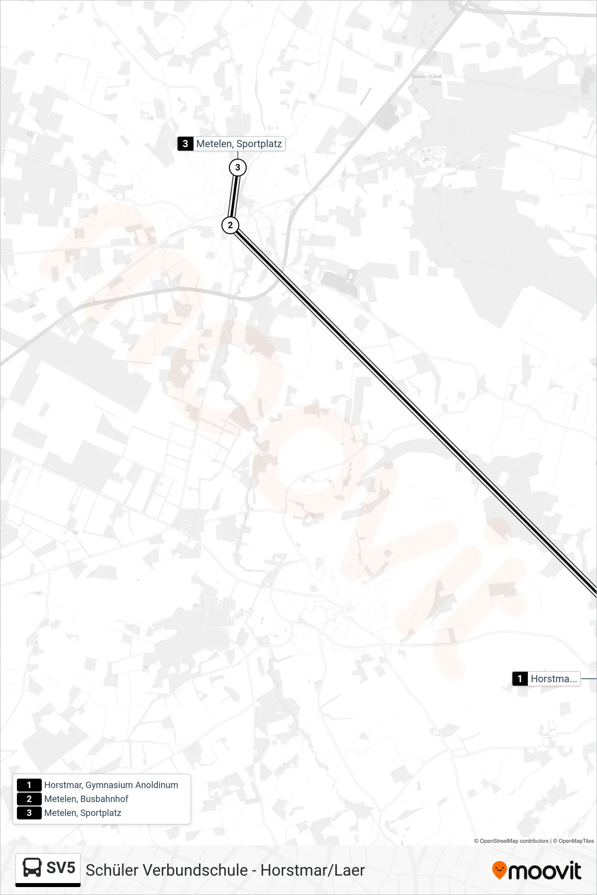 SV5 bus Line (Metelen, Sportplatz) route and stops on a map
