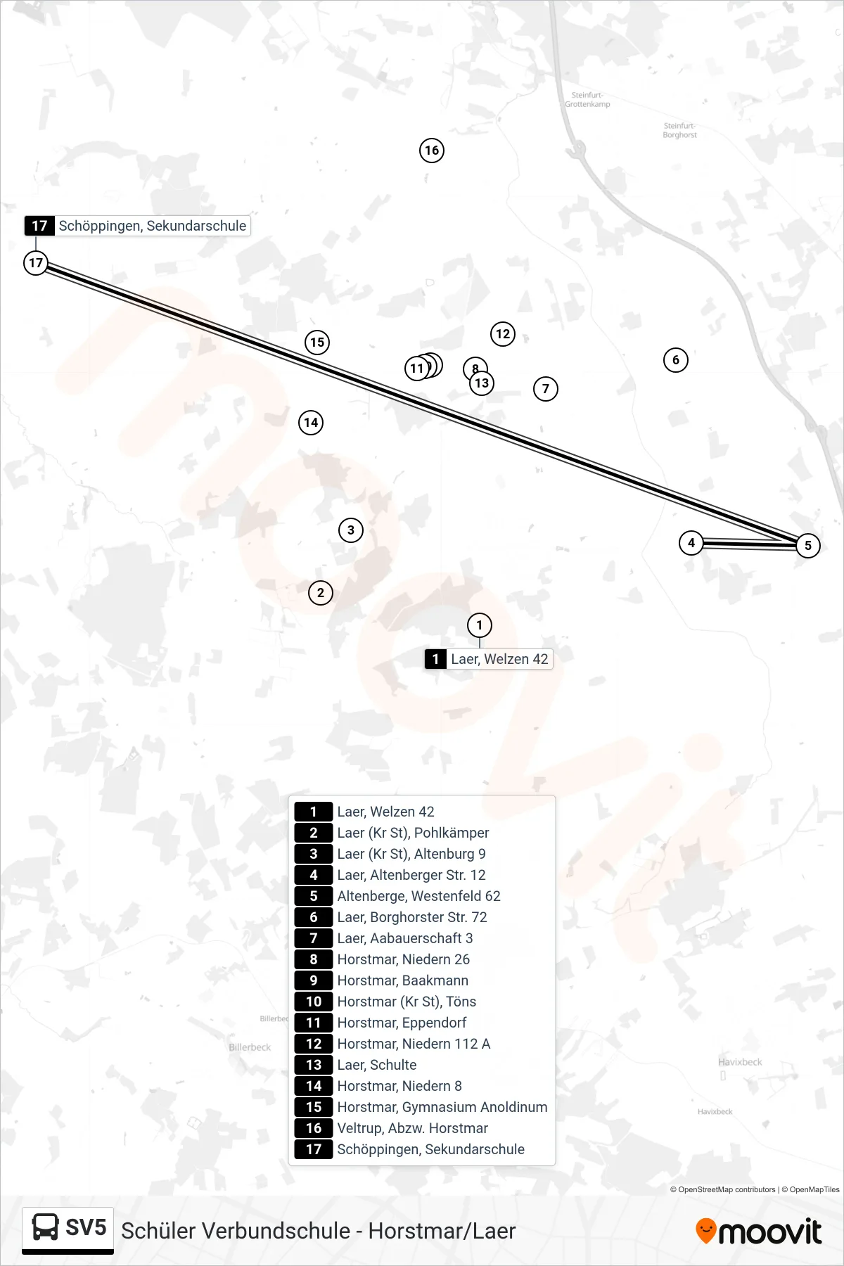 SV5 bus Line (Schöppingen, Sekundarschule) route and stops on a map