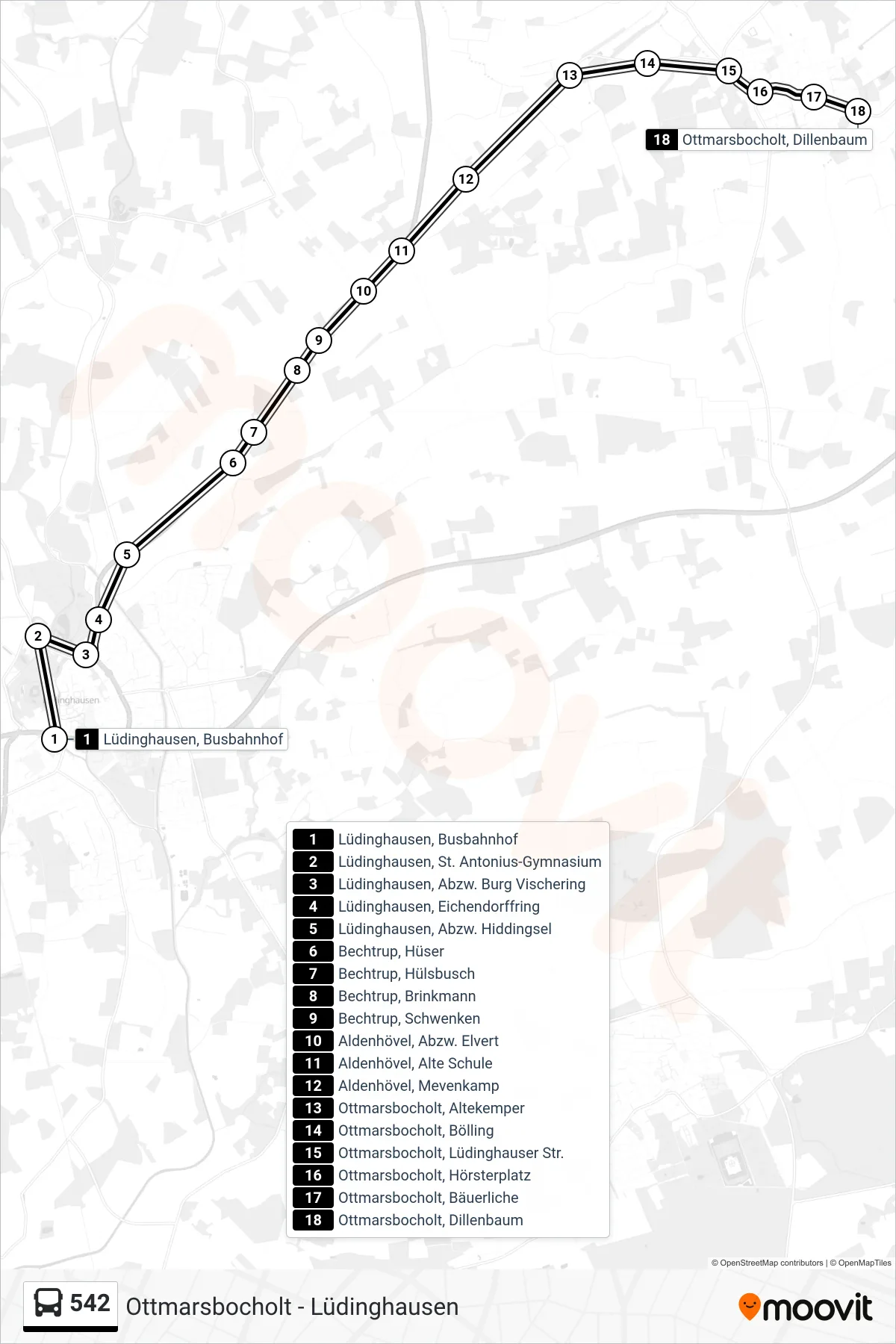 542 bus Line (Ottmarsbocholt, Dillenbaum) route and stops on a map