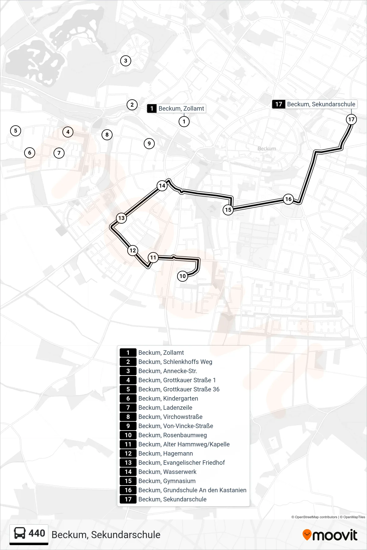 440 bus Line (Beckum, Sekundarschule) route and stops on a map